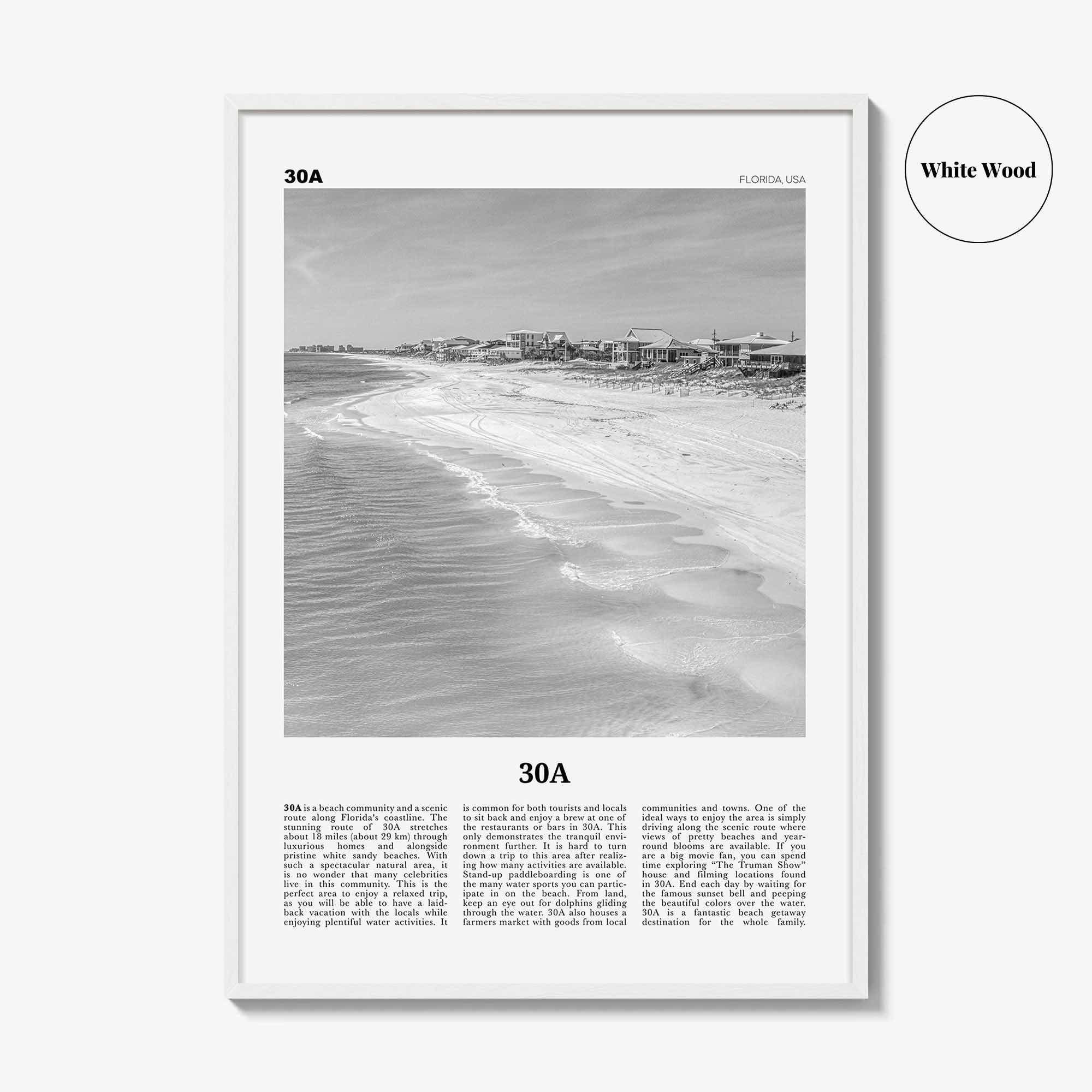 30A Print Black and White, 30A Wall Art, 30A Poster, 30A Photo, 30A Wall Décor, 30A Map, Florida, USA