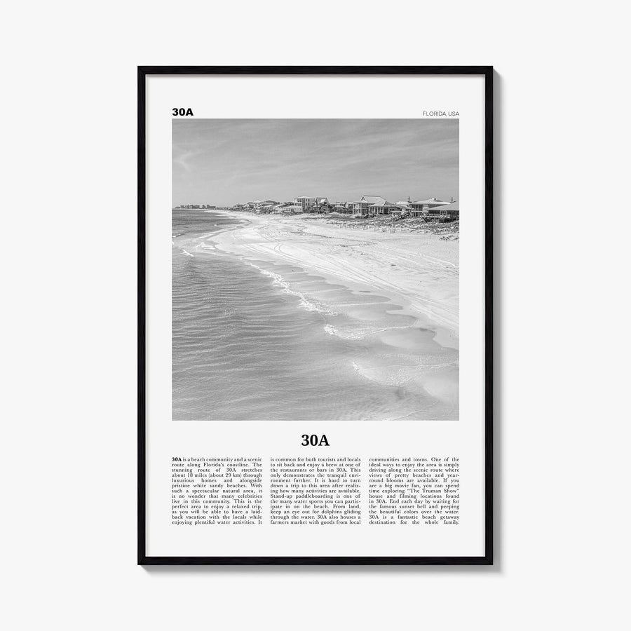30A black & white newspaper poster of Florida, USA – vertical wall art, unframed print shown in interior mockup