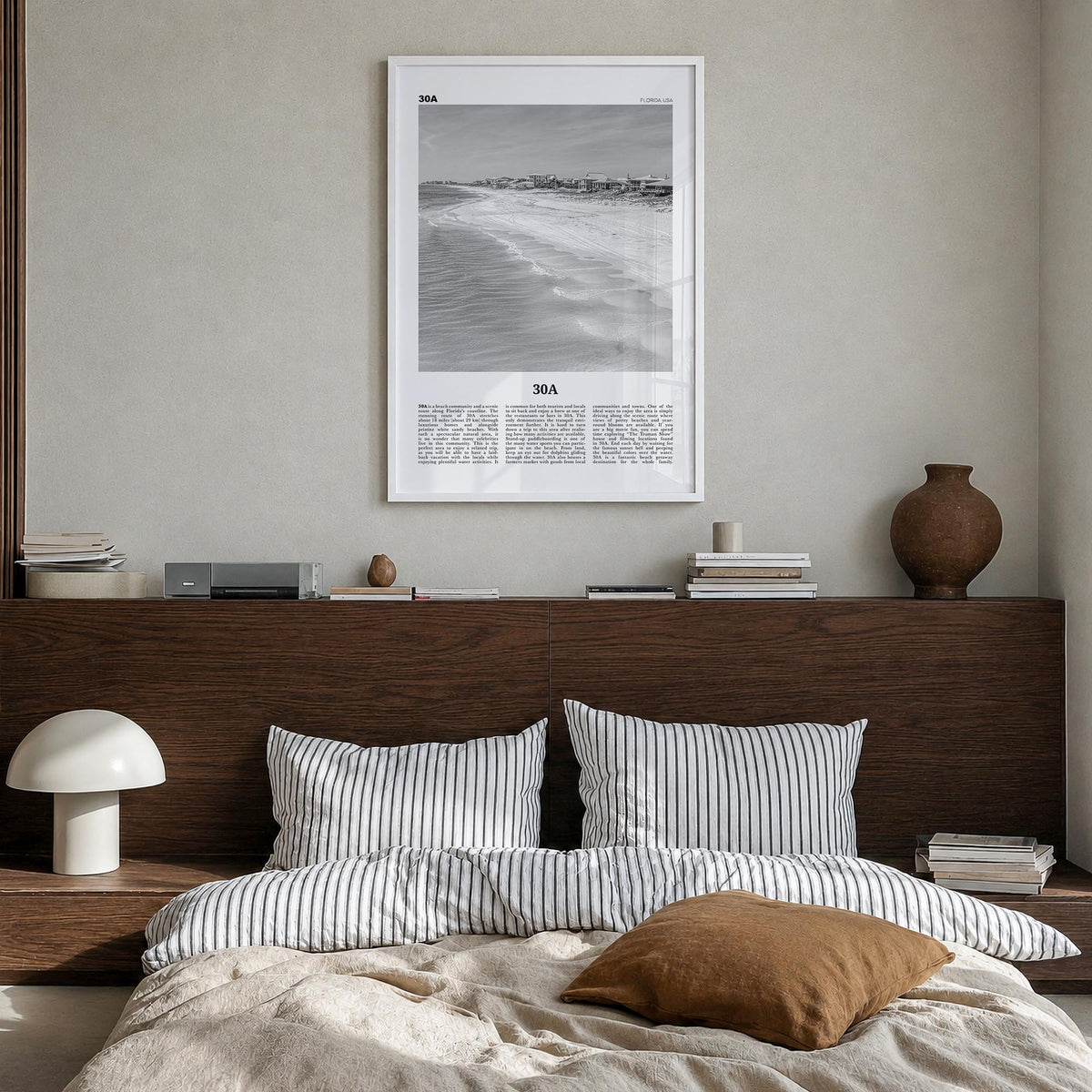 30A black & white newspaper poster of Florida, USA – vertical wall art in white wood frame, hanging on wall
