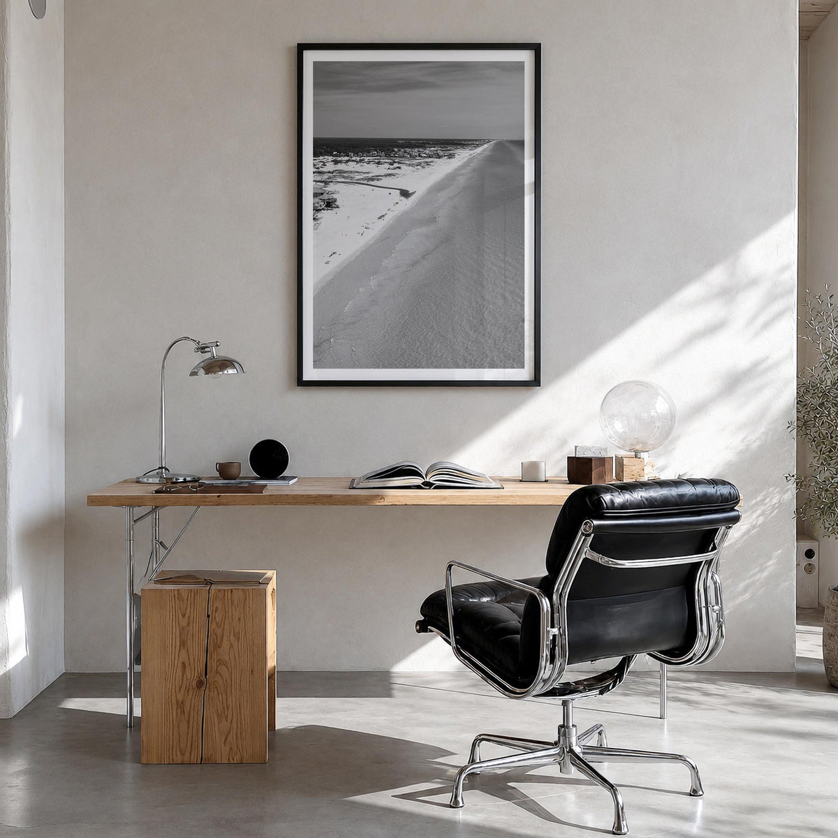 30A black & white photo poster of Florida, USA – vertical wall art in black wood frame with white border, hanging on wall