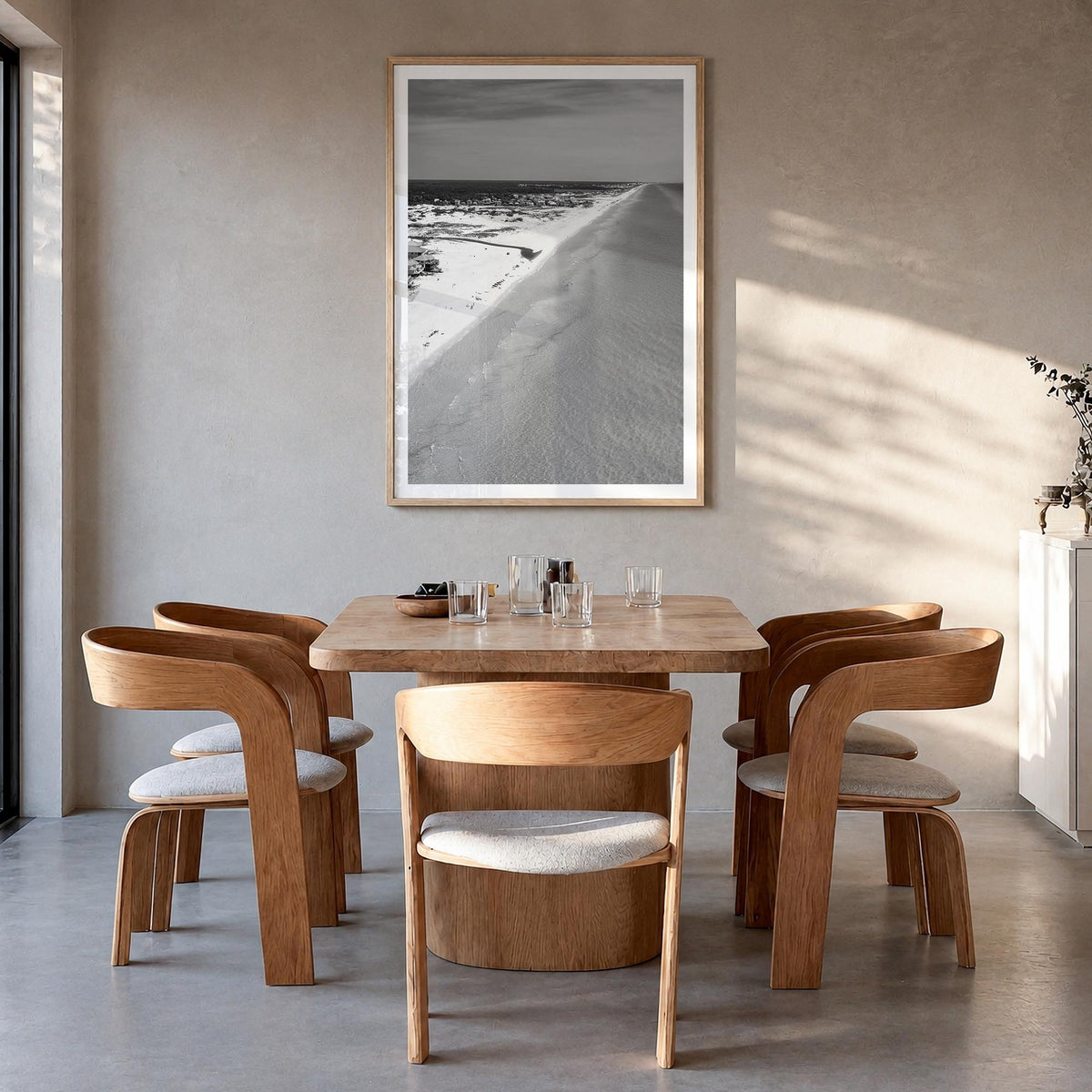 30A black & white photo poster of Florida, USA – vertical wall art in natural wood frame with white border, hanging on wall