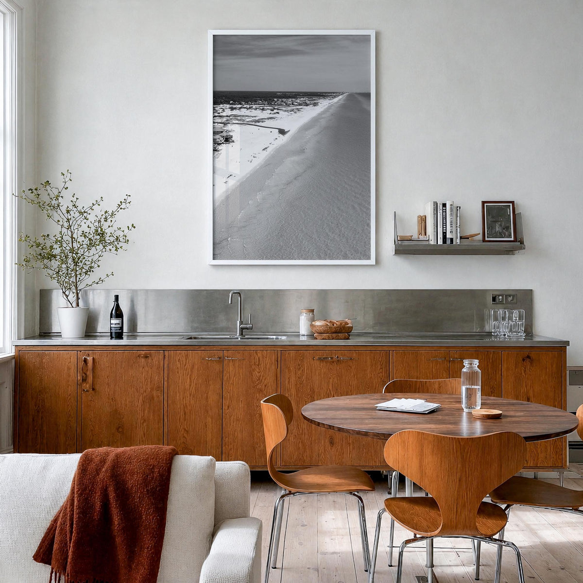 30A black & white photo poster of Florida, USA – vertical wall art in white wood frame, hanging on wall