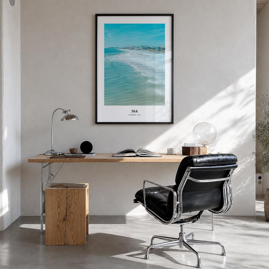 30A colorful classic poster of Florida, USA – vertical wall art in black wood frame, hanging on wall