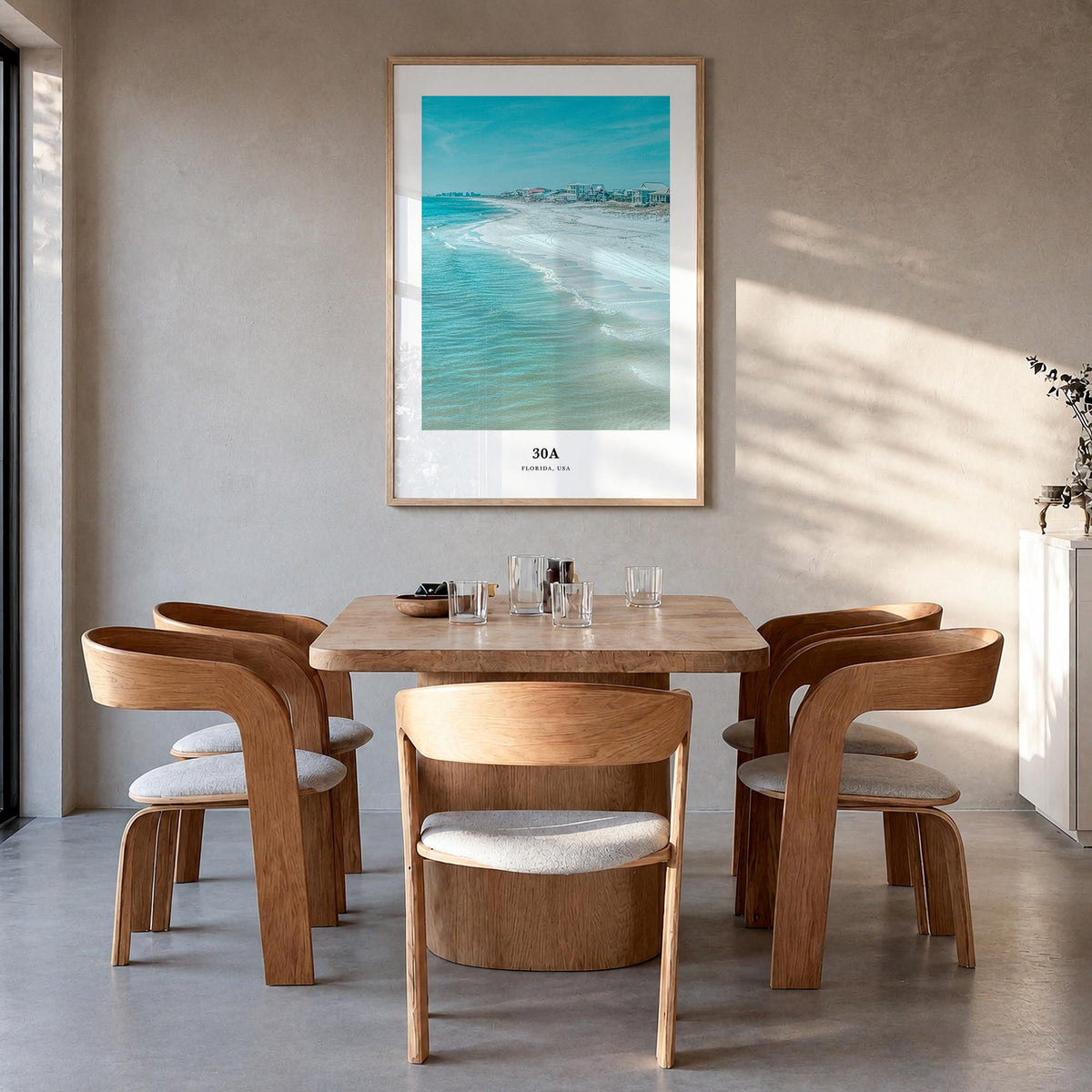 30A colorful classic poster of Florida, USA – vertical wall art in natural wood frame, hanging on wall