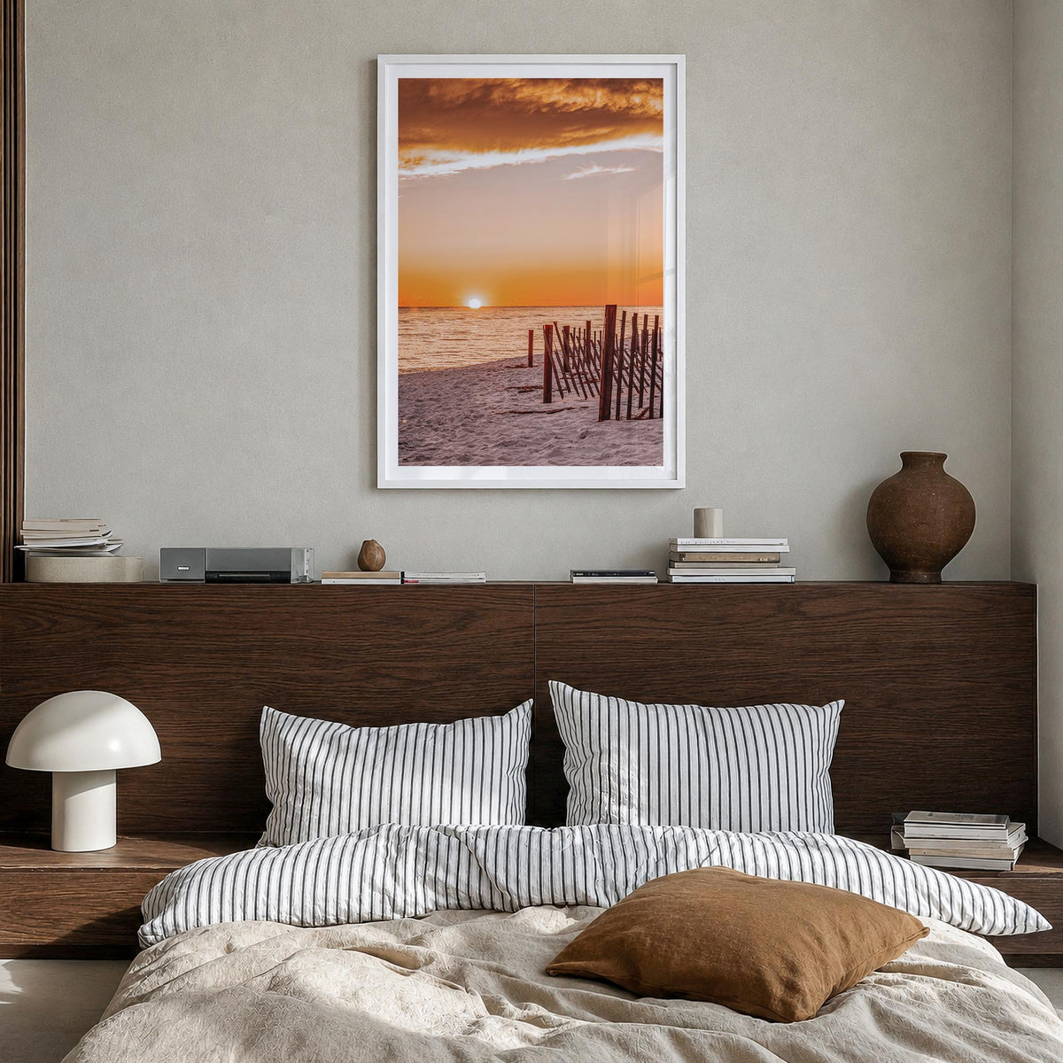 30A colorful photo poster of Florida, USA – vertical wall art in white wood frame with white border, hanging on wall