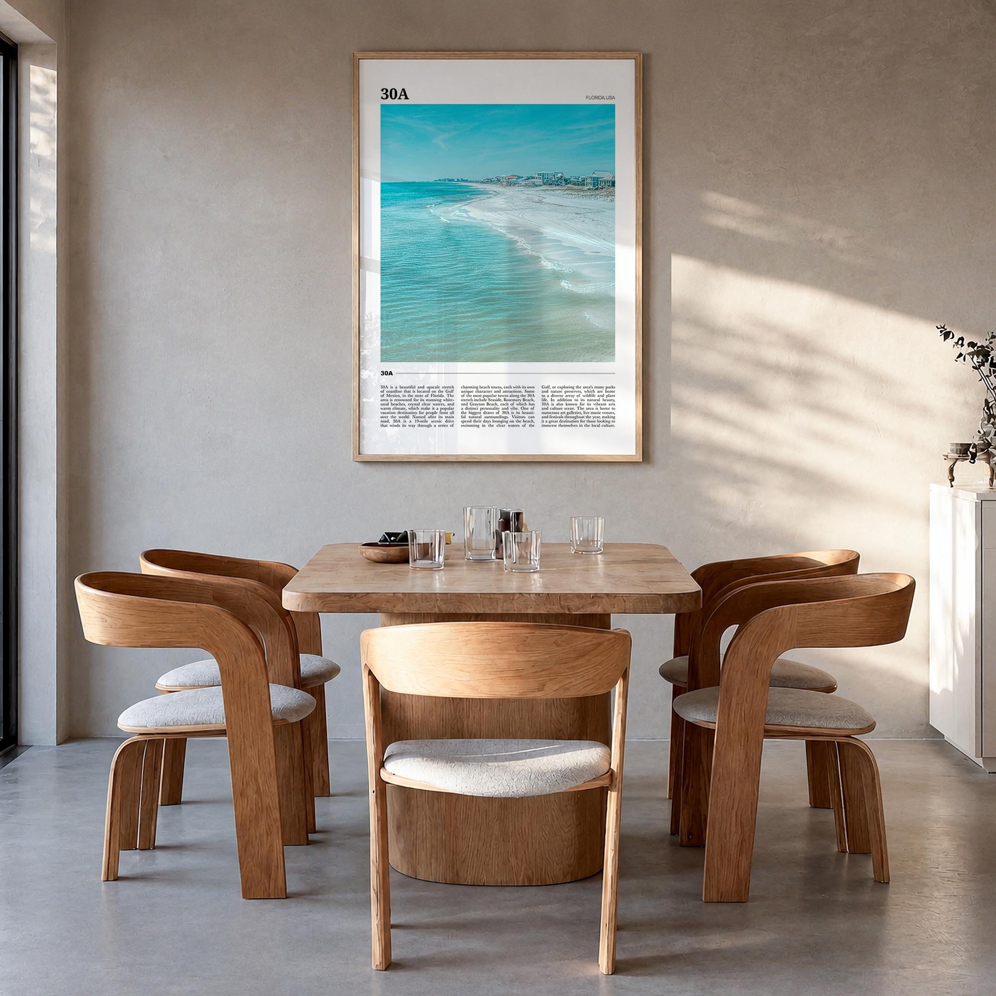 30A colorful travel poster of Florida, USA – vertical wall art in natural wood frame, hanging on wall