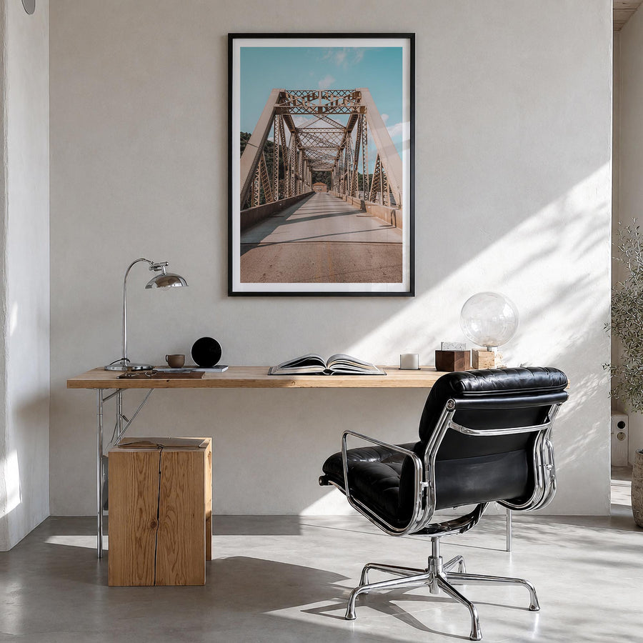 4th Avenue Bridge colorful photo poster – vertical wall art in black wood frame with white border, hanging on wall