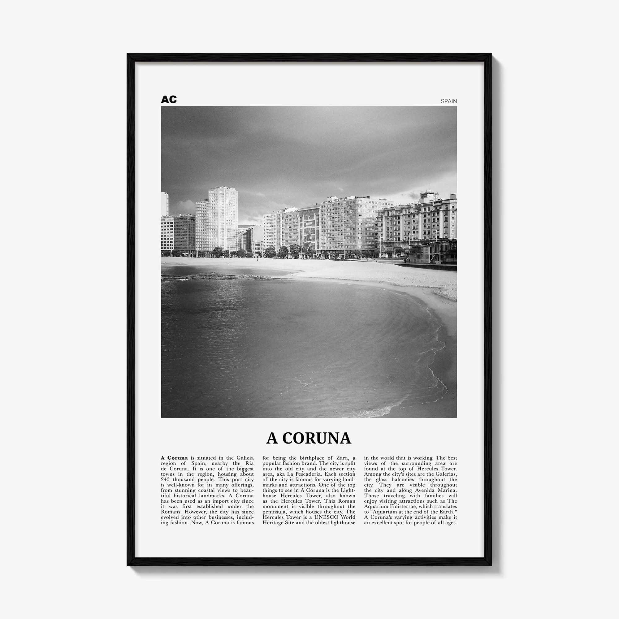 A Coruna Print Black and White, A Coruna Wall Art, A Coruna Poster, A Coruna Photo, A Coruna Wall Décor, A Coruna Map,
