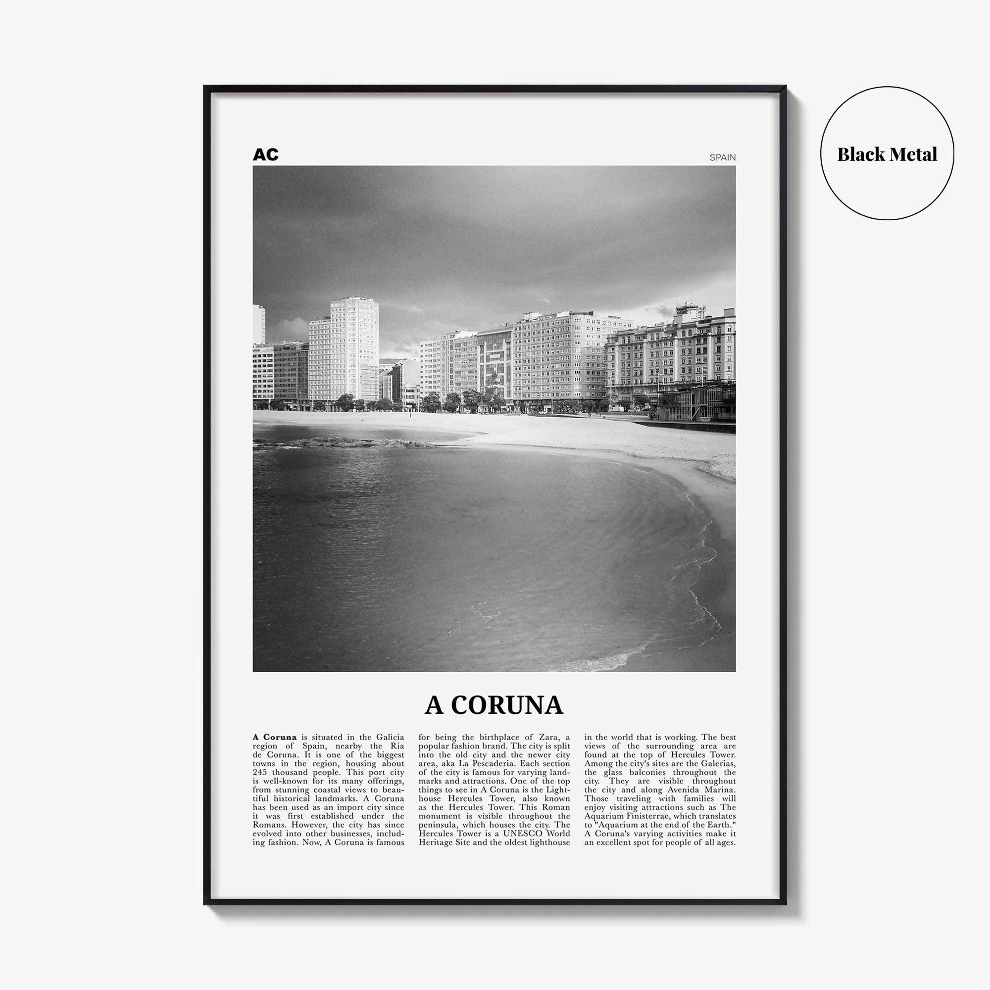 A Coruna Print Black and White, A Coruna Wall Art, A Coruna Poster, A Coruna Photo, A Coruna Wall Décor, A Coruna Map,
