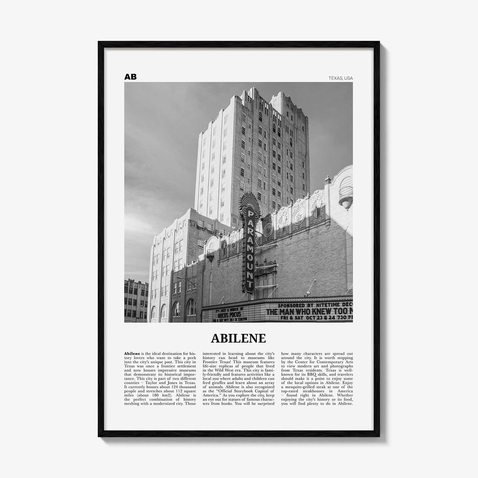 Abilene Print Black and White, Abilene Wall Art, Abilene Poster, Abilene Photo, Abilene Wall Décor, Abilene Map, Texas, USA