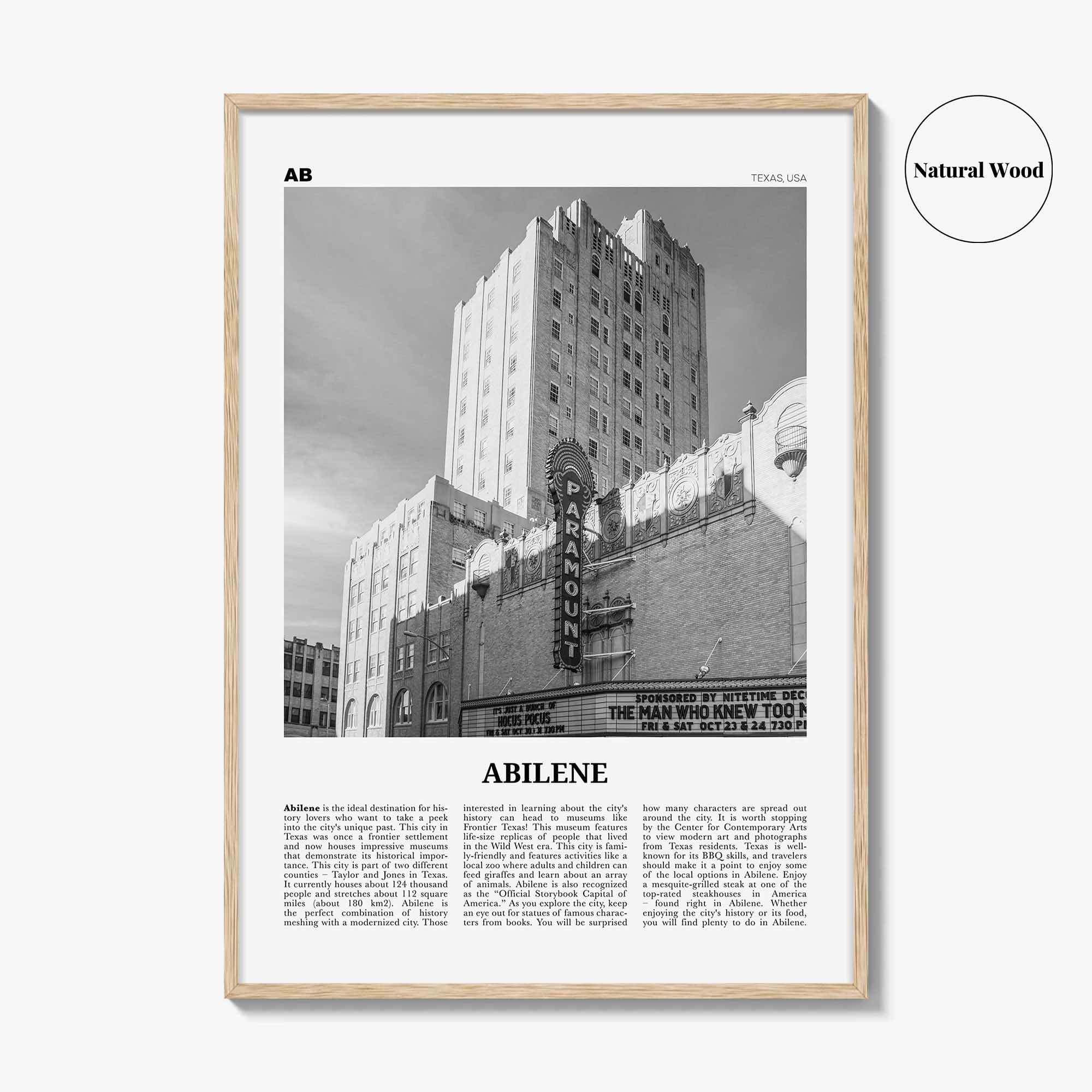 Abilene Print Black and White, Abilene Wall Art, Abilene Poster, Abilene Photo, Abilene Wall Décor, Abilene Map, Texas, USA