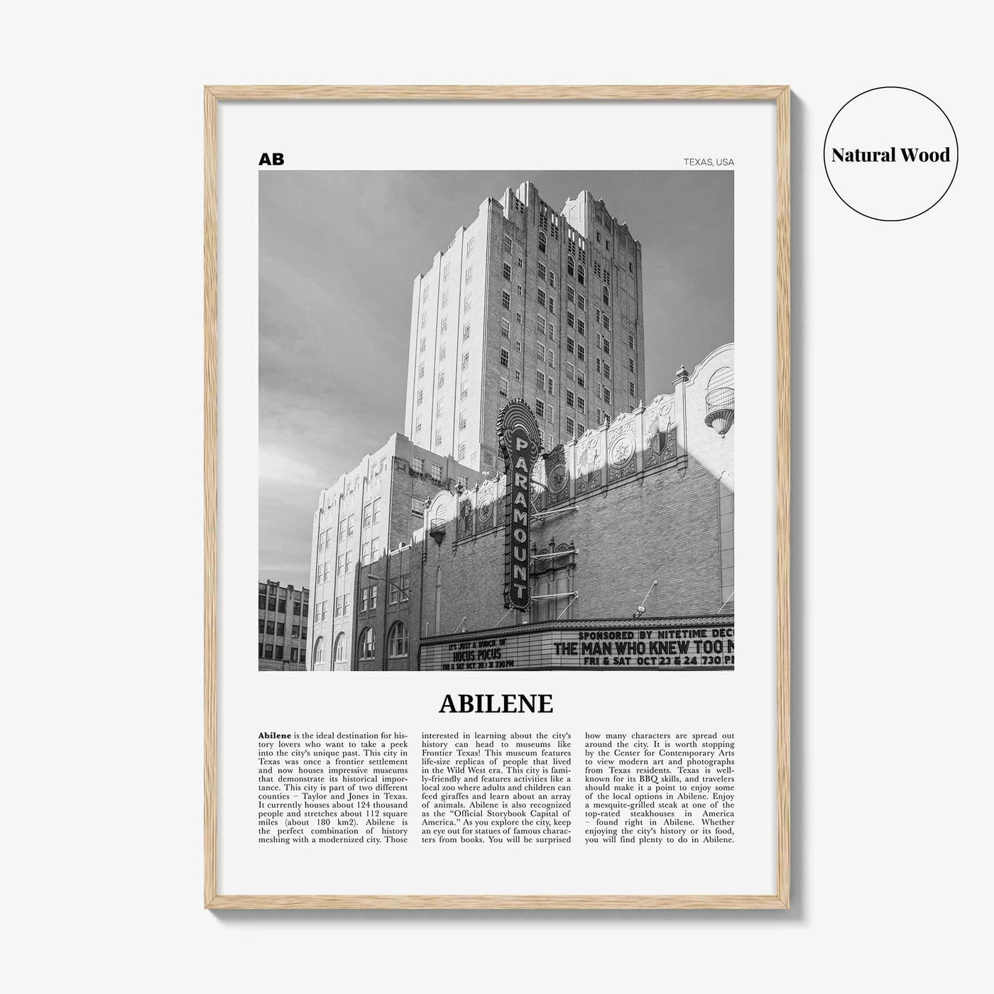 Abilene Print Black and White, Abilene Wall Art, Abilene Poster, Abilene Photo, Abilene Wall Décor, Abilene Map, Texas, USA