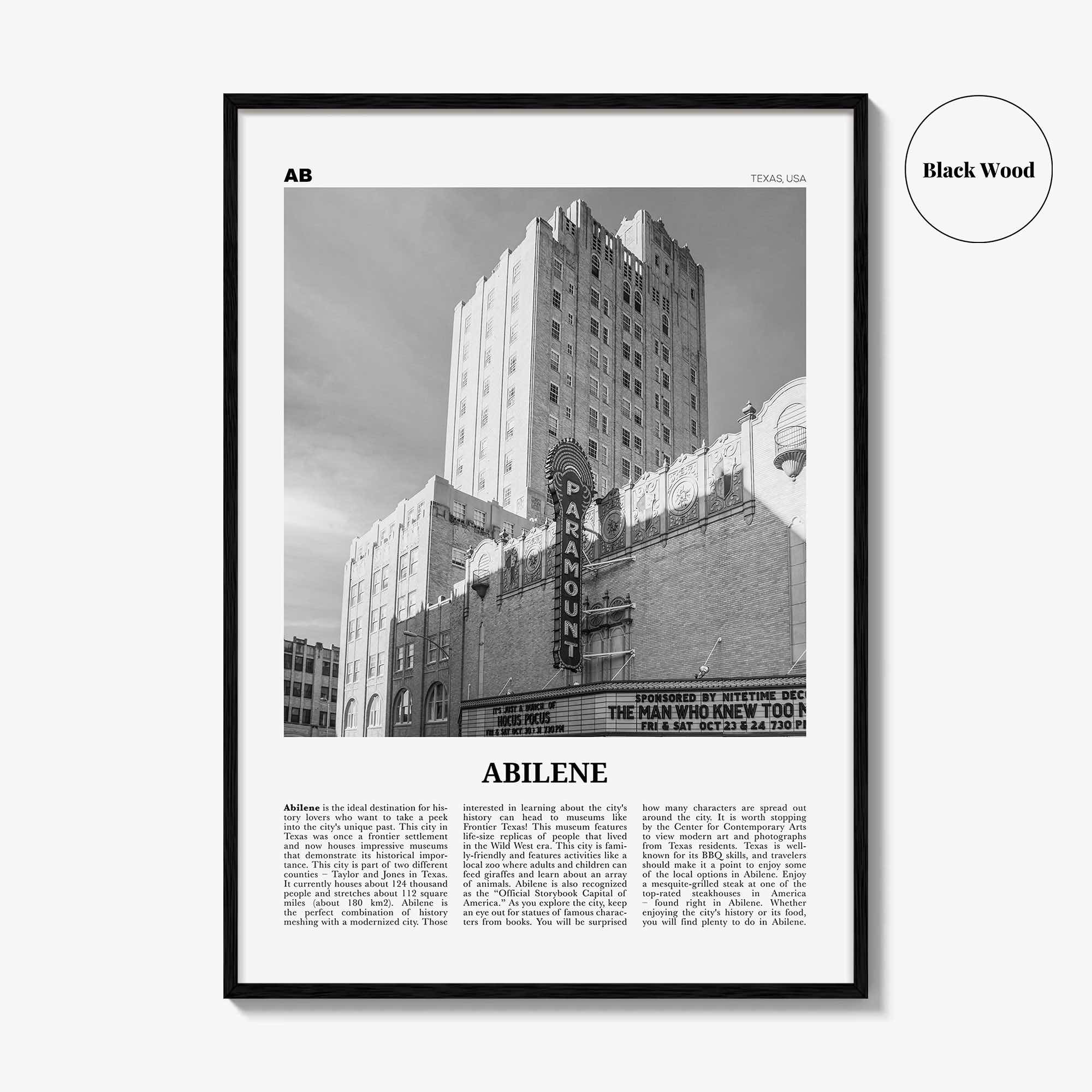 Abilene Print Black and White, Abilene Wall Art, Abilene Poster, Abilene Photo, Abilene Wall Décor, Abilene Map, Texas, USA