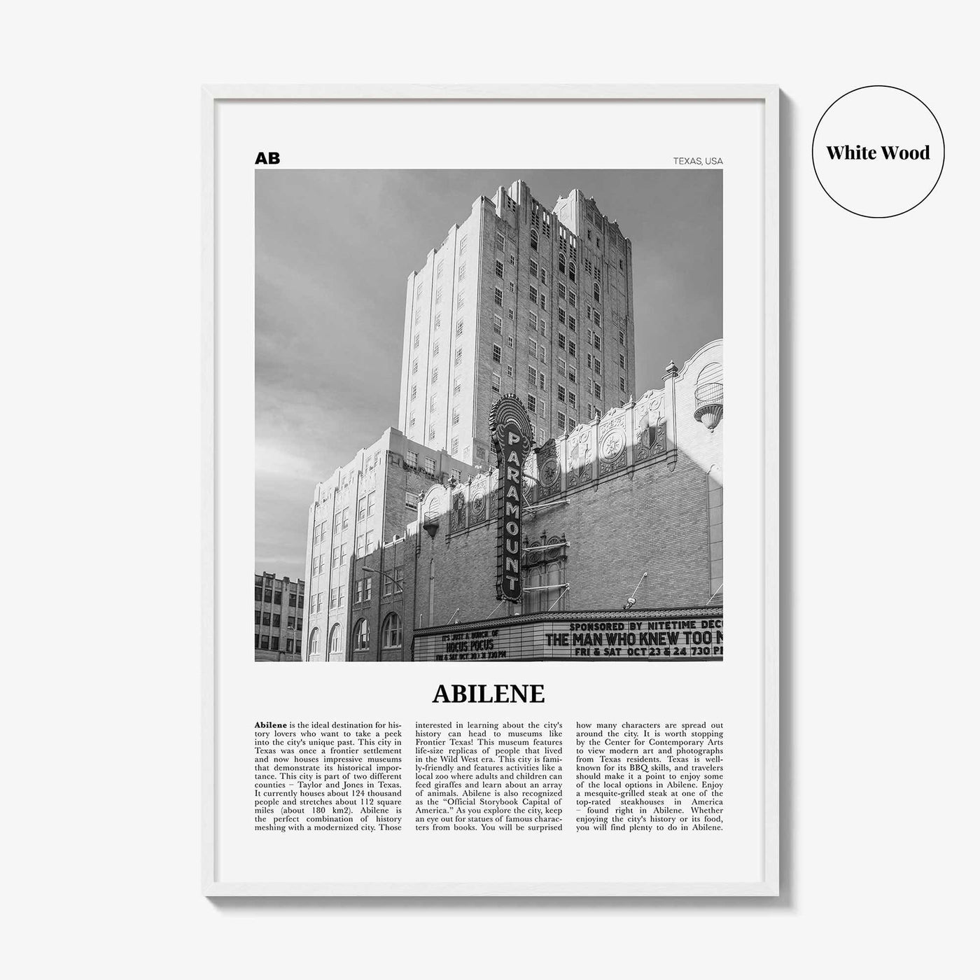 Abilene Print Black and White, Abilene Wall Art, Abilene Poster, Abilene Photo, Abilene Wall Décor, Abilene Map, Texas, USA