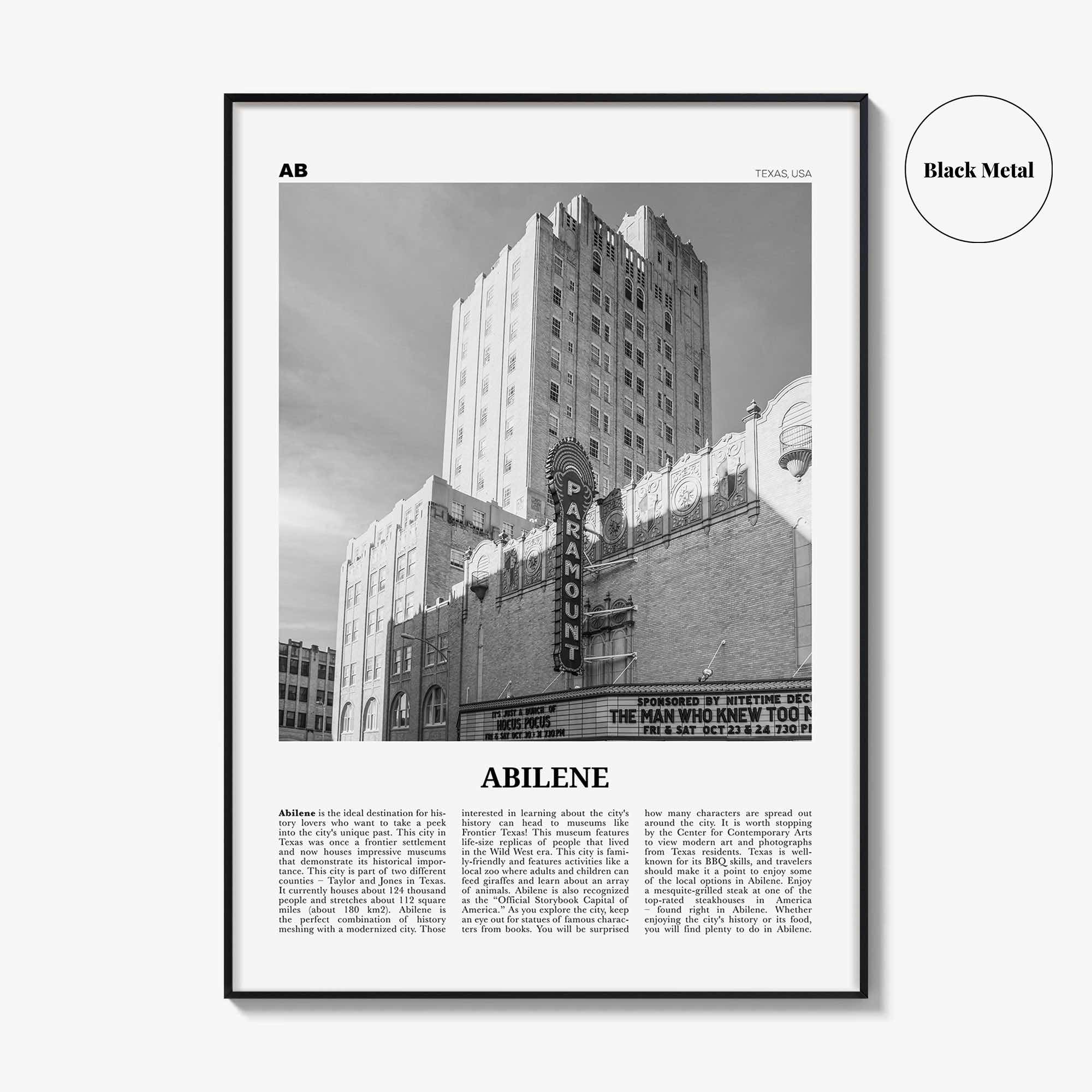 Abilene Print Black and White, Abilene Wall Art, Abilene Poster, Abilene Photo, Abilene Wall Décor, Abilene Map, Texas, USA