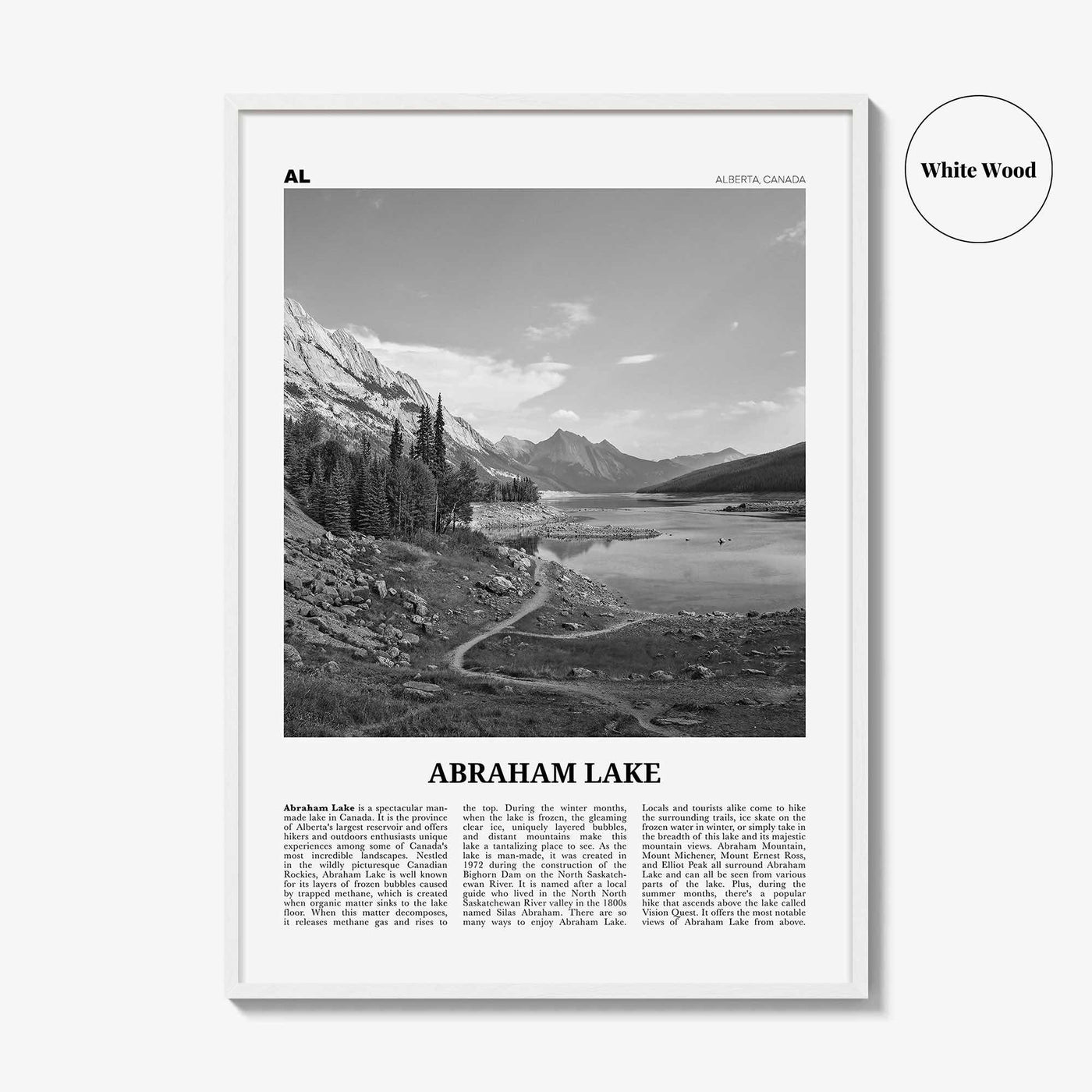 Abraham Lake Print Black and White, Abraham Lake Wall Art, Abraham Lake Poster, Abraham Lake Photo, Abraham Lake Décor, Abraham Lake Map