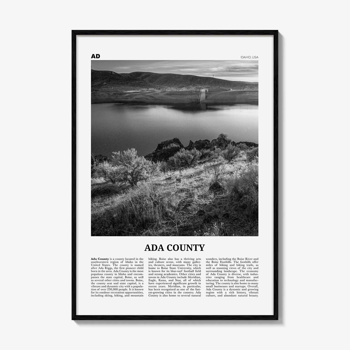 Ada County Print Black and White, Ada County Wall Art, Ada County Poster, Ada County Photo, Ada County Wall Décor, Ada County Map, Idaho USA