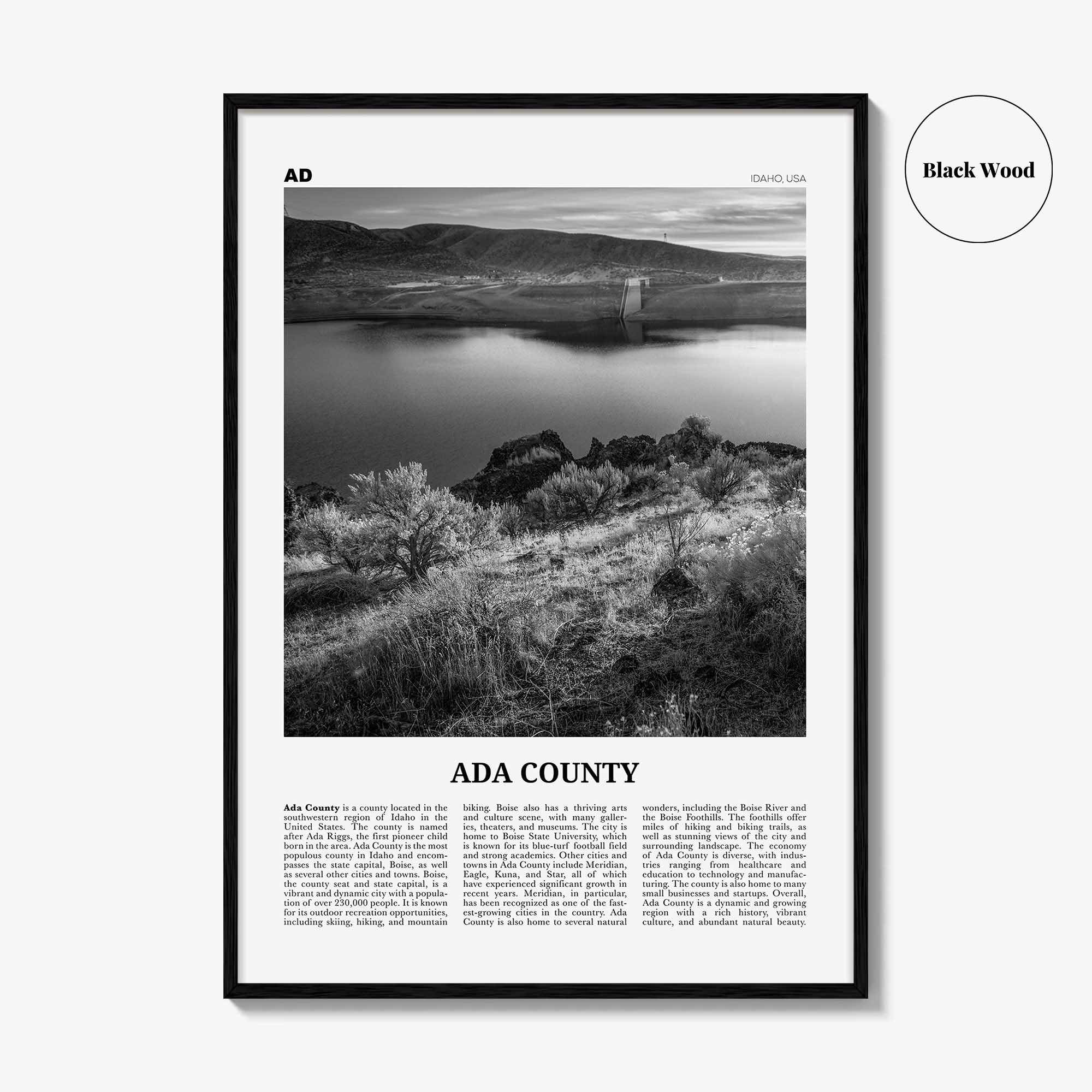 Ada County Print Black and White, Ada County Wall Art, Ada County Poster, Ada County Photo, Ada County Wall Décor, Ada County Map, Idaho USA