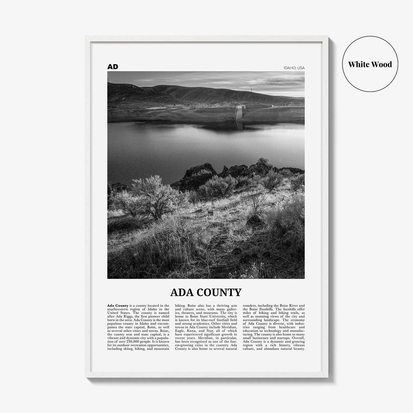 Ada County Print Black and White, Ada County Wall Art, Ada County Poster, Ada County Photo, Ada County Wall Décor, Ada County Map, Idaho USA
