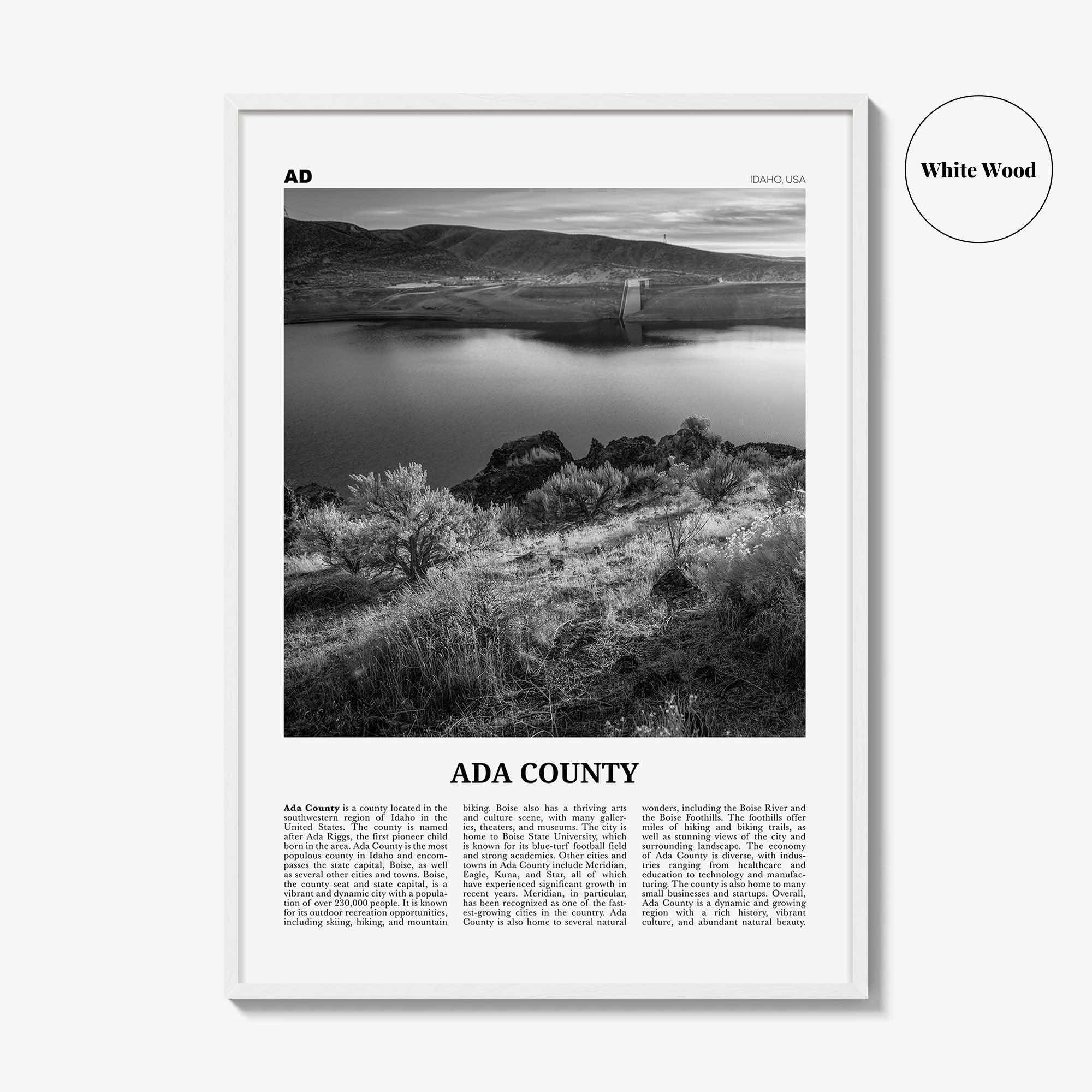 Ada County Print Black and White, Ada County Wall Art, Ada County Poster, Ada County Photo, Ada County Wall Décor, Ada County Map, Idaho USA