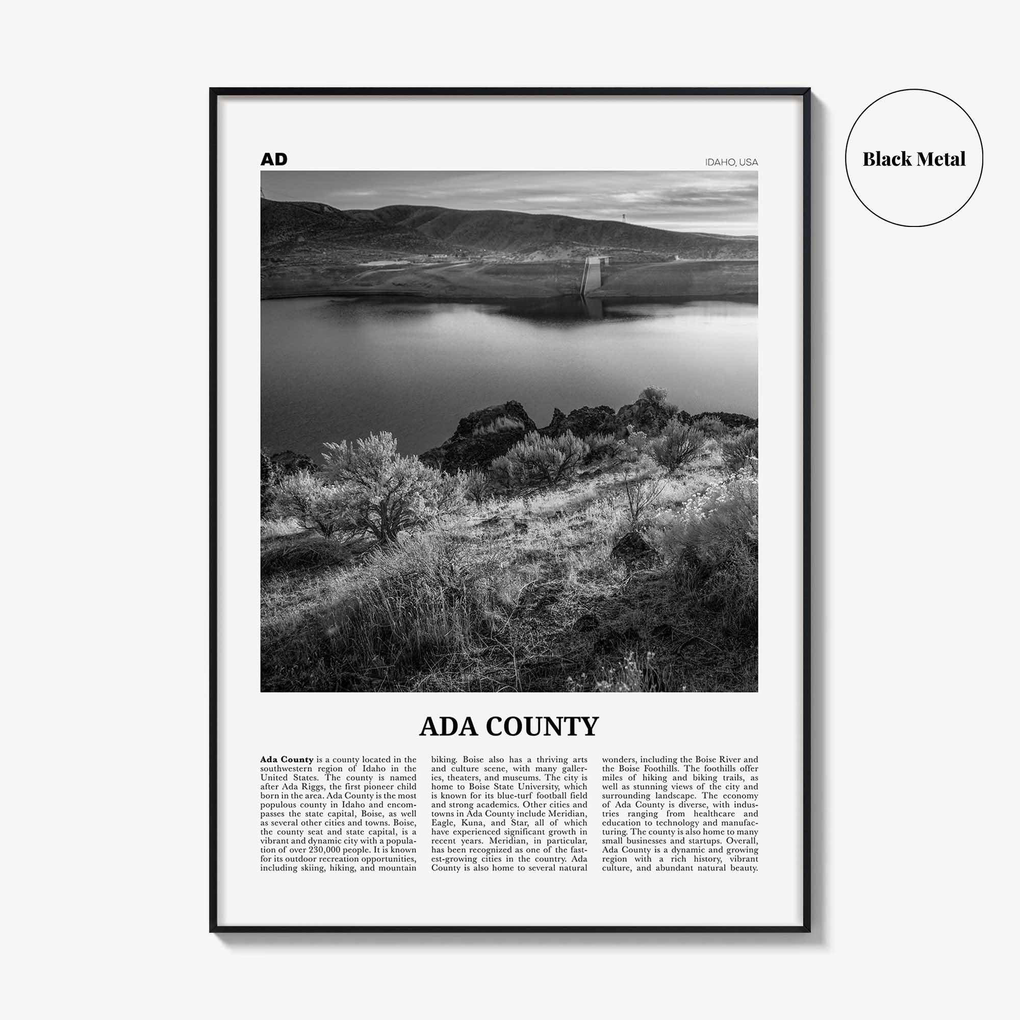 Ada County Print Black and White, Ada County Wall Art, Ada County Poster, Ada County Photo, Ada County Wall Décor, Ada County Map, Idaho USA