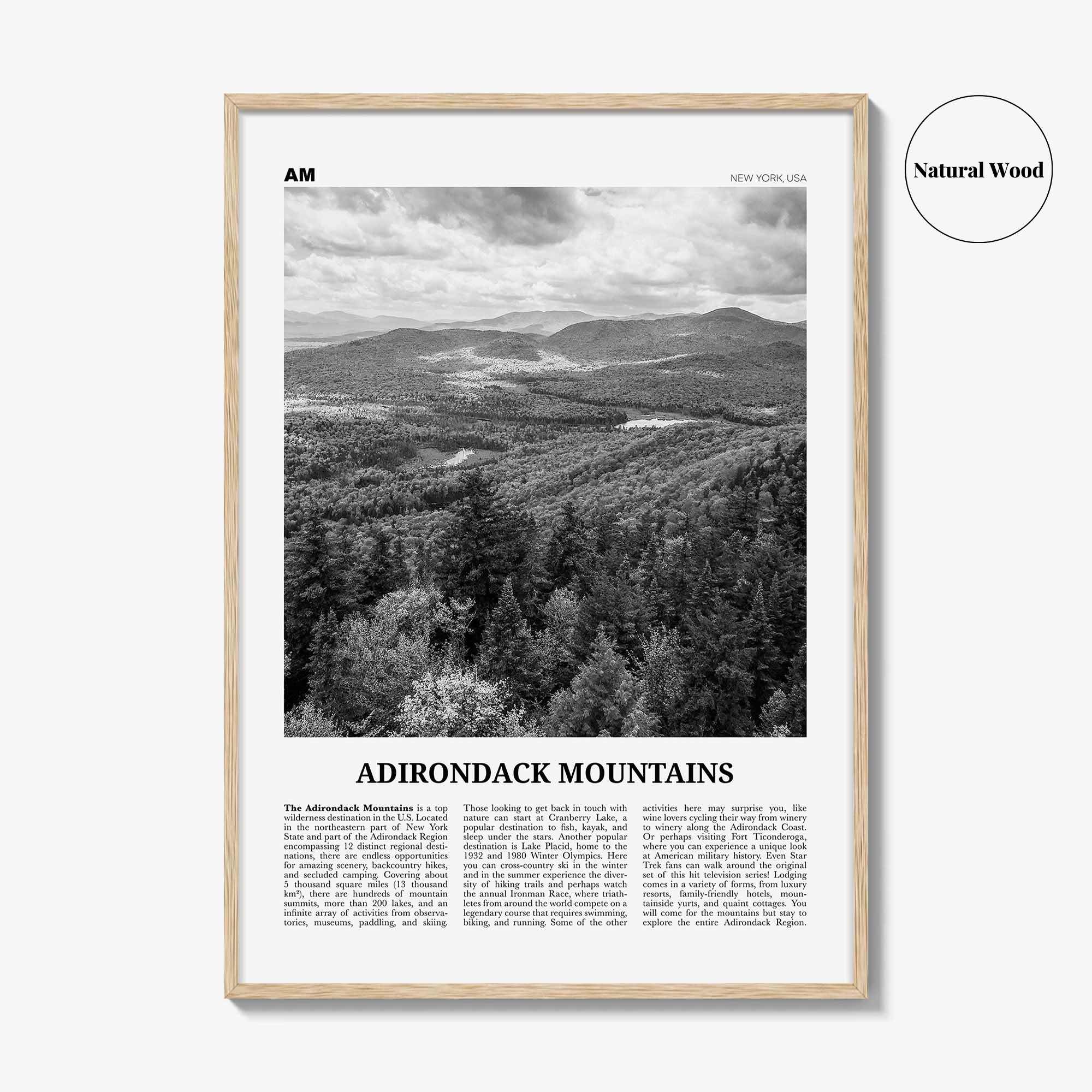 Adirondack Mountains Print Black and White, Adirondack Mountains Wall Art, Adirondack Mountains Poster, New York, USA, United States