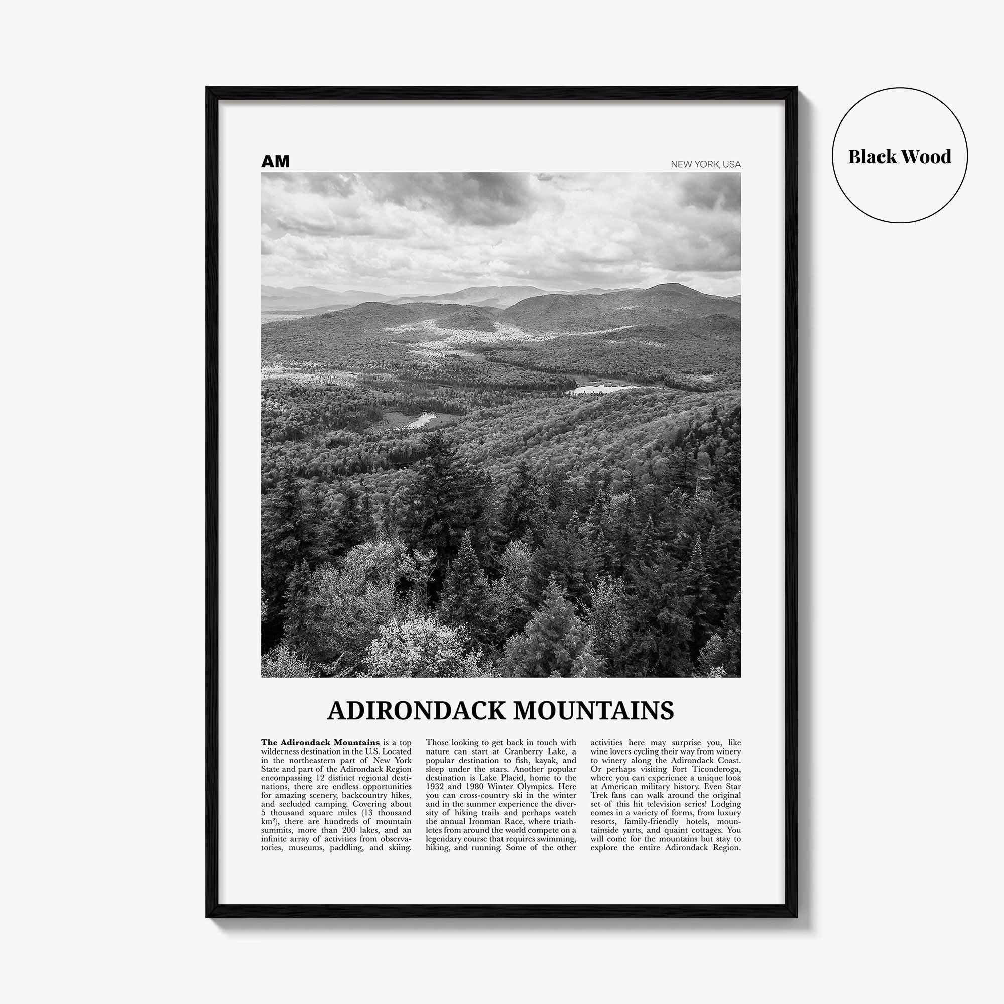 Adirondack Mountains Print Black and White, Adirondack Mountains Wall Art, Adirondack Mountains Poster, New York, USA, United States