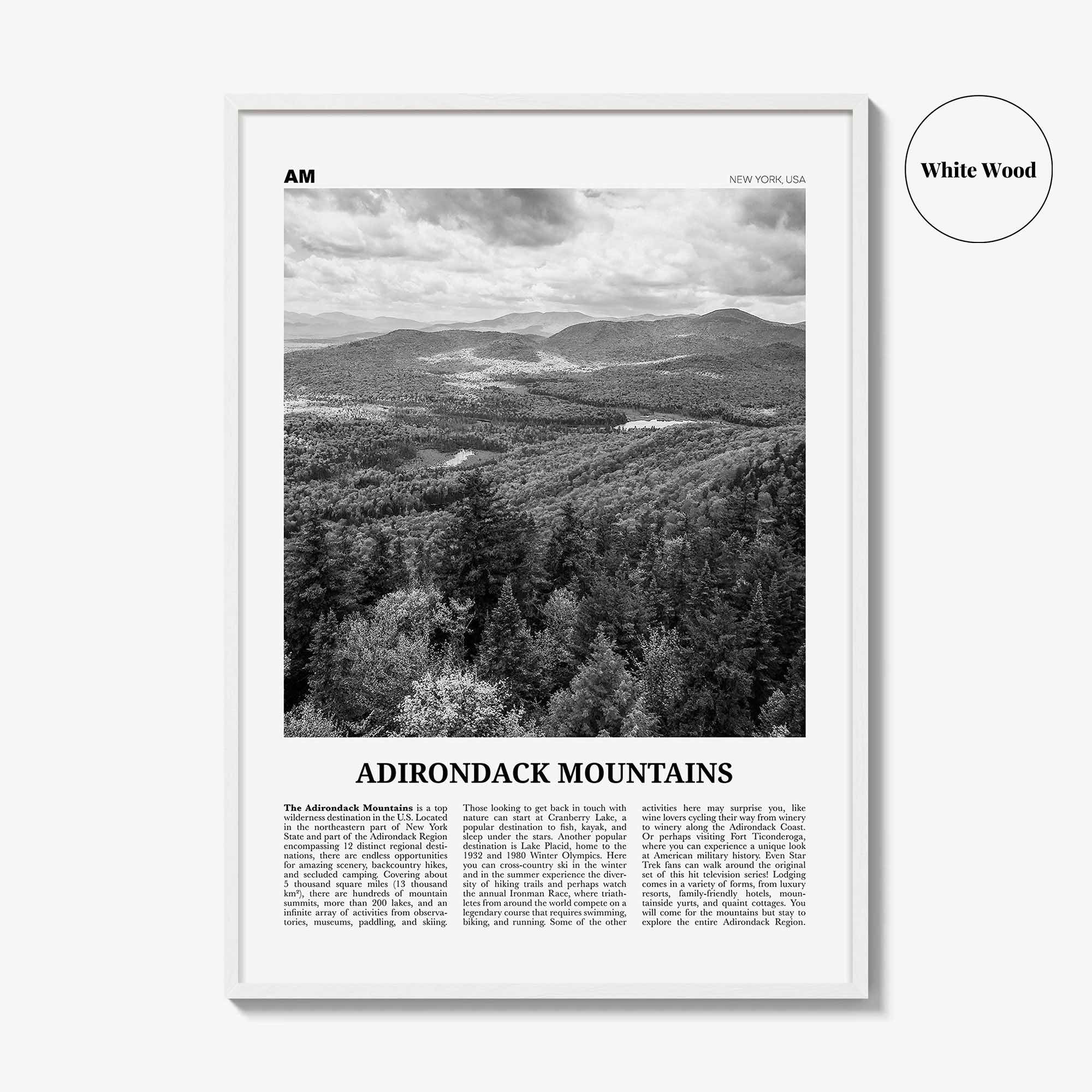 Adirondack Mountains Print Black and White, Adirondack Mountains Wall Art, Adirondack Mountains Poster, New York, USA, United States