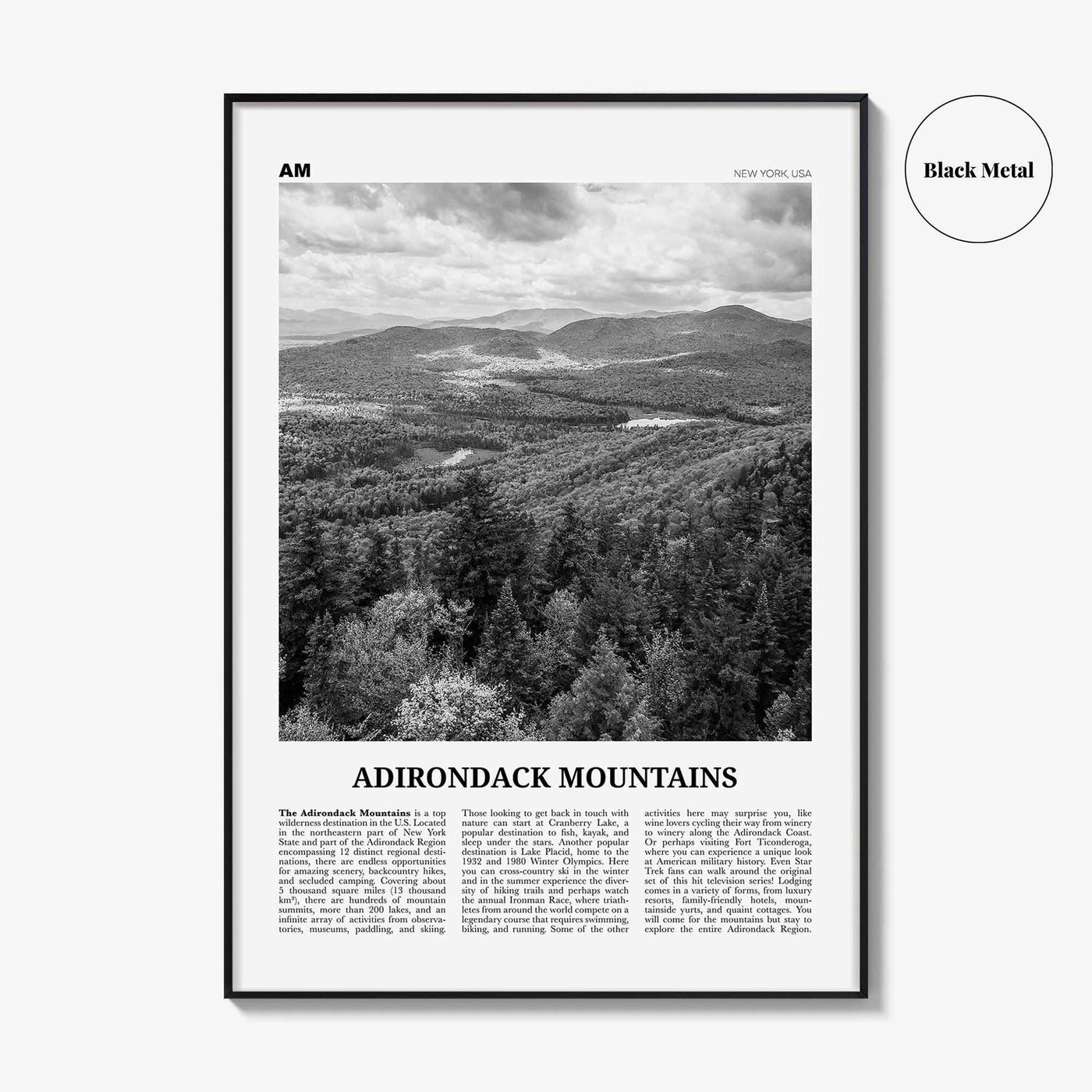 Adirondack Mountains Print Black and White, Adirondack Mountains Wall Art, Adirondack Mountains Poster, New York, USA, United States