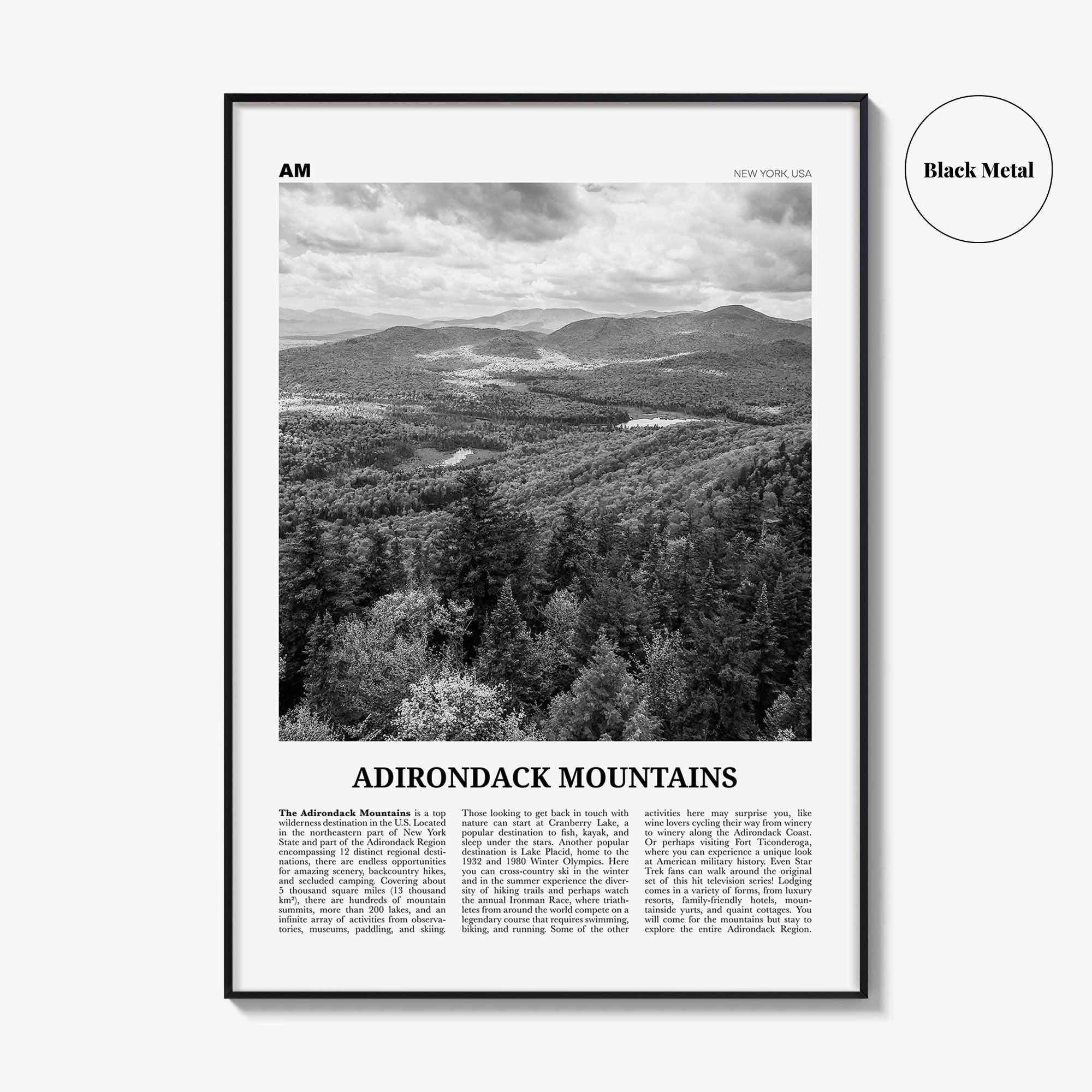 Adirondack Mountains Print Black and White, Adirondack Mountains Wall Art, Adirondack Mountains Poster, New York, USA, United States