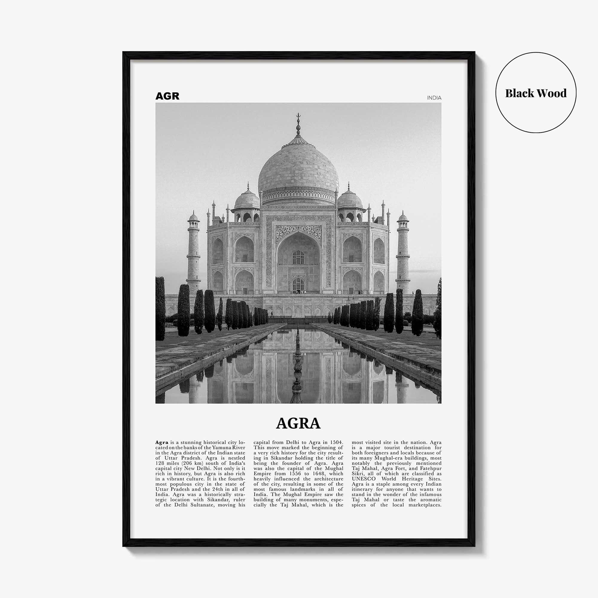 Agra Print Black and White, Agra Wall Art, Agra Poster, Agra Photo, Agra Wall Décor, Uttar Pradesh, India, Yamuna, Taj Mahal