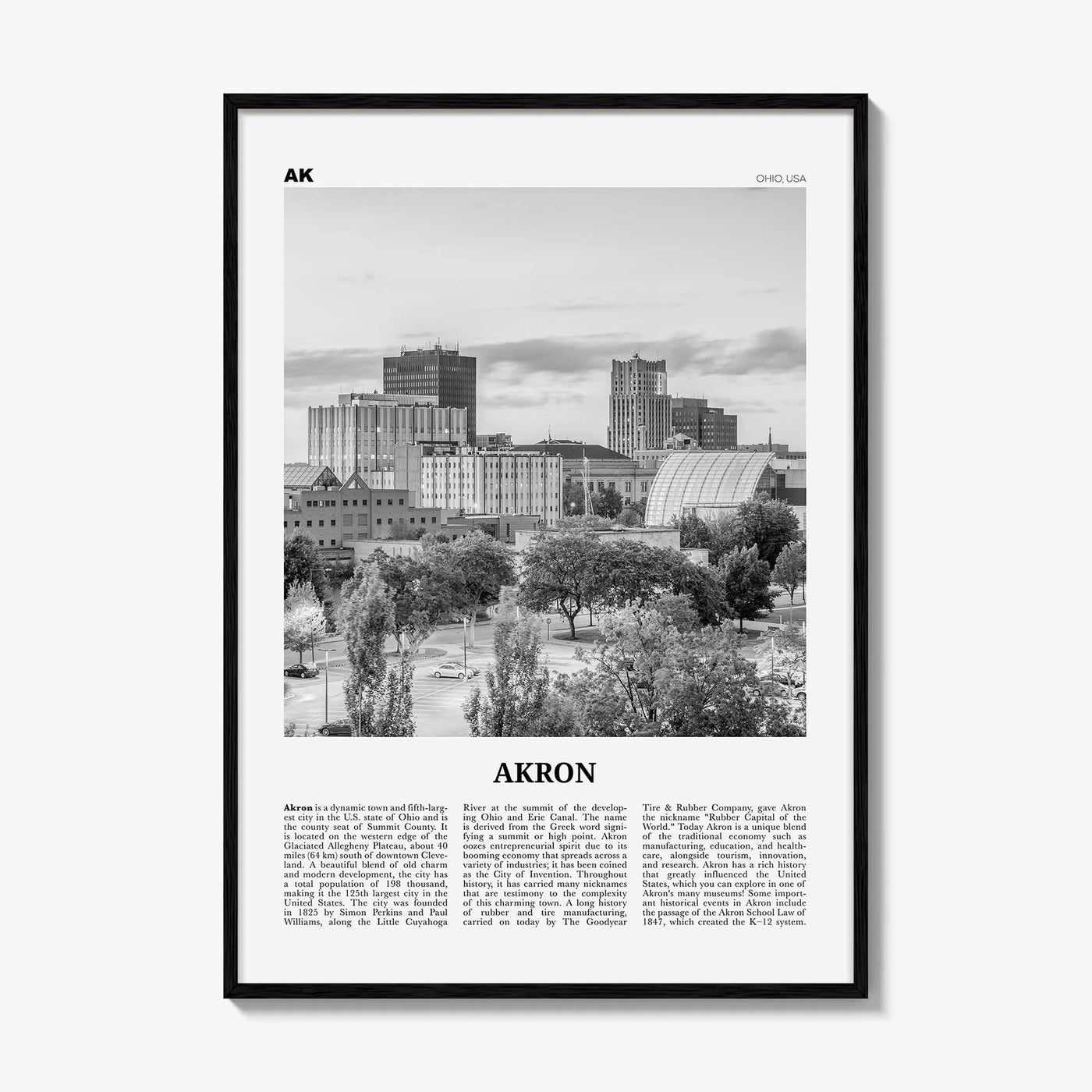 Akron Print Black and White, Akron Wall Art, Akron Poster, Akron Photo, Akron Wall Décor, Ohio, USA, United States, North America