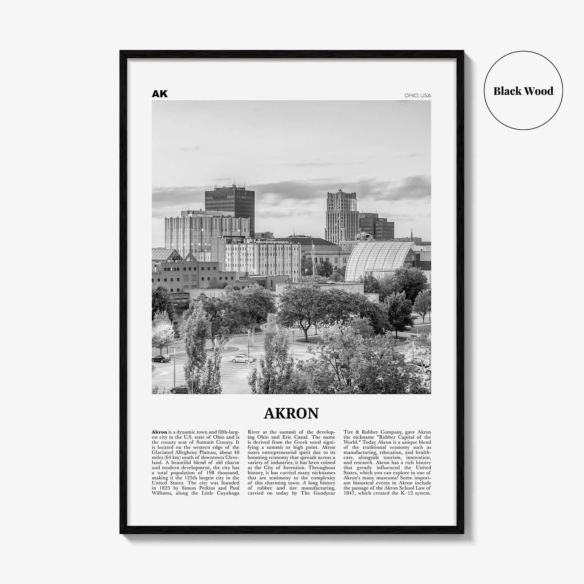 Akron Print Black and White, Akron Wall Art, Akron Poster, Akron Photo, Akron Wall Décor, Ohio, USA, United States, North America