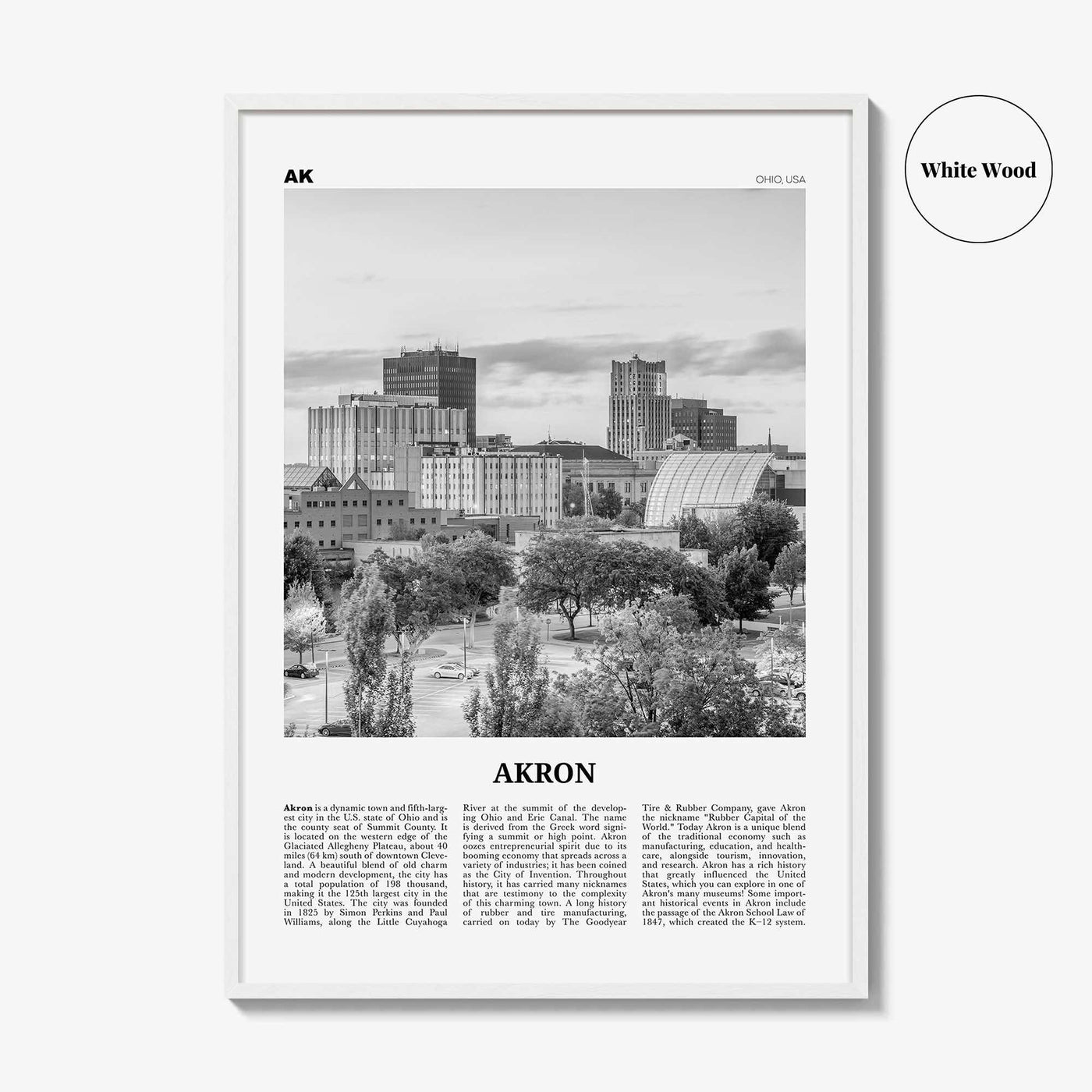 Akron Print Black and White, Akron Wall Art, Akron Poster, Akron Photo, Akron Wall Décor, Ohio, USA, United States, North America