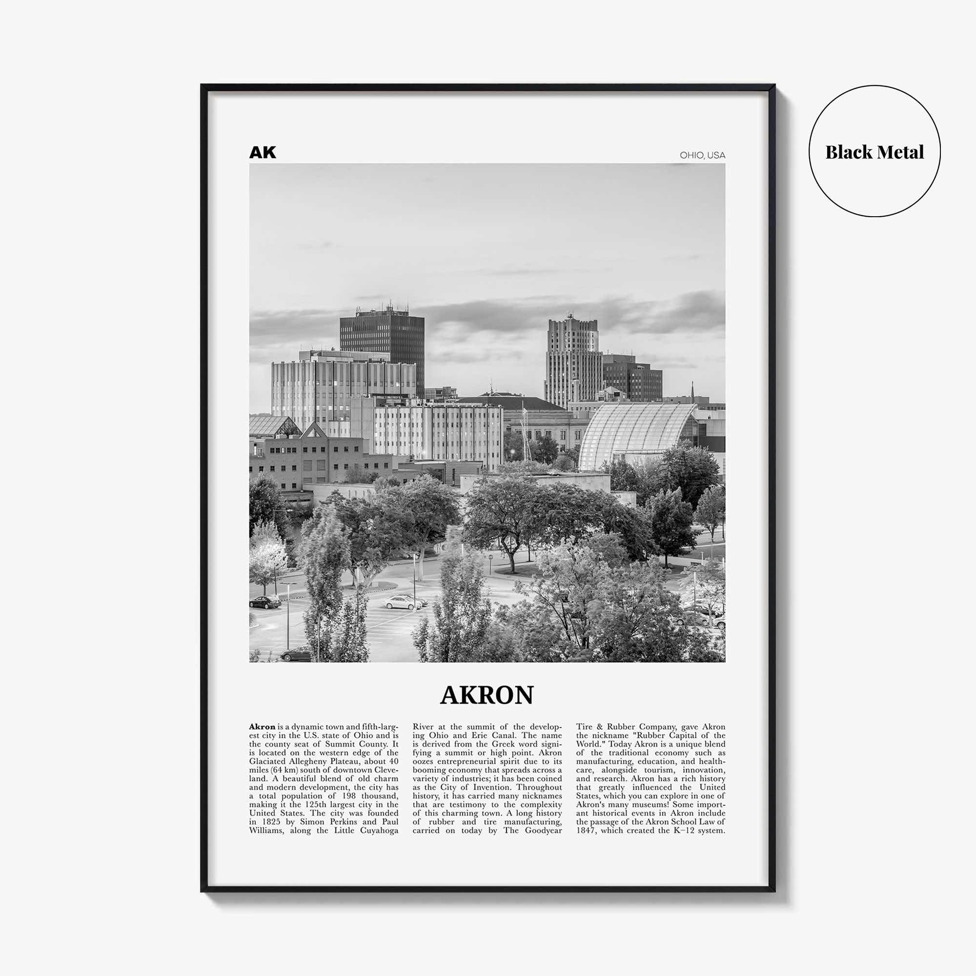 Akron Print Black and White, Akron Wall Art, Akron Poster, Akron Photo, Akron Wall Décor, Ohio, USA, United States, North America