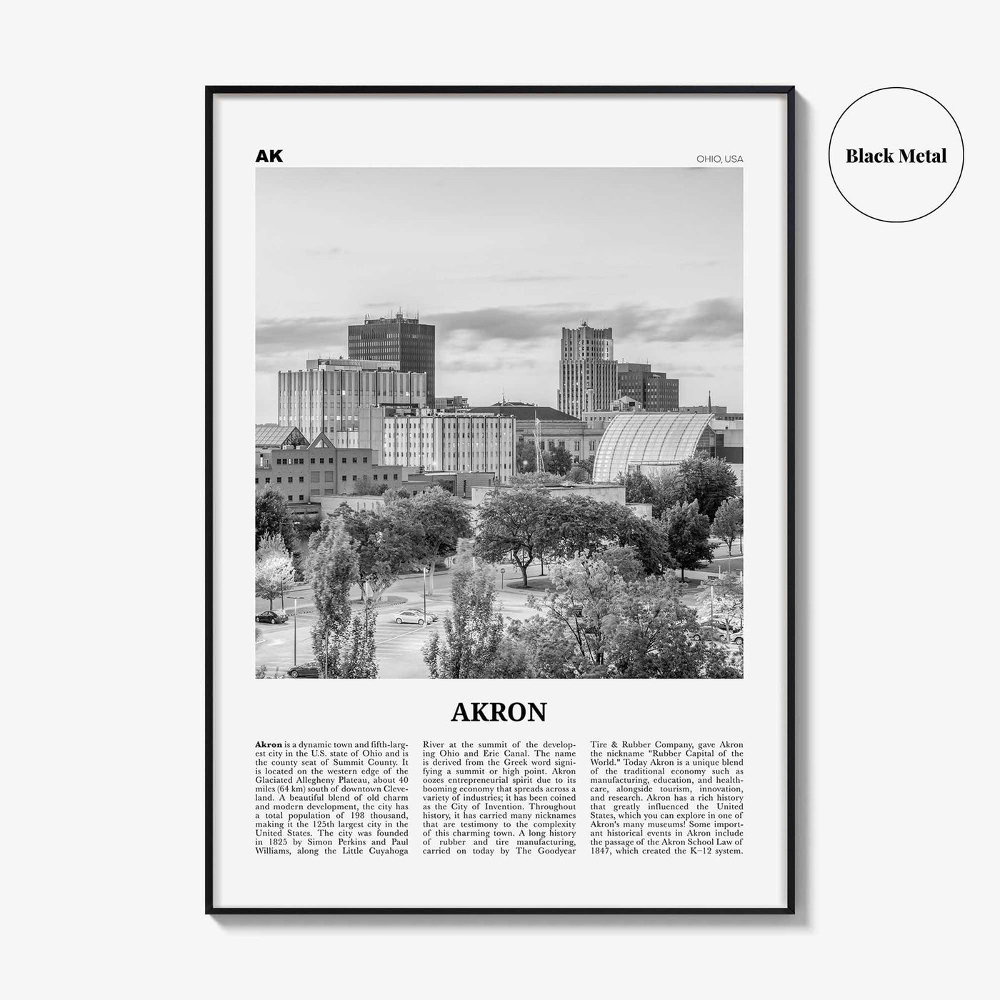 Akron Print Black and White, Akron Wall Art, Akron Poster, Akron Photo, Akron Wall Décor, Ohio, USA, United States, North America