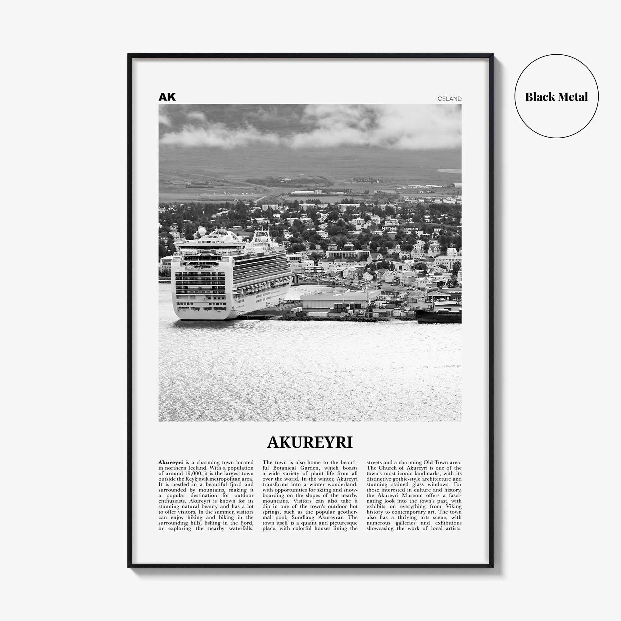 Akureyri Print Black and White, Akureyri Wall Art, Akureyri Poster, Akureyri Photo, Akureyri Wall Décor, Akureyri Map, Iceland