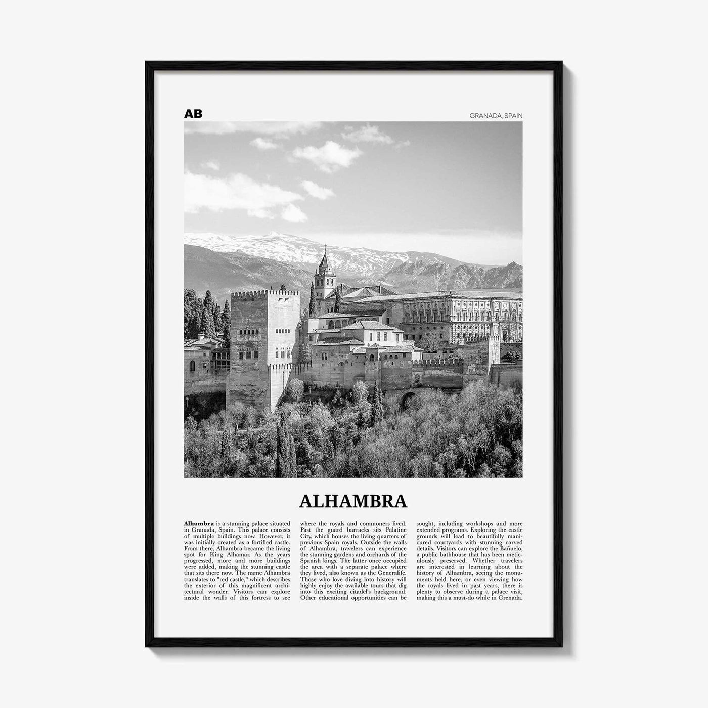 Alhambra Print Black and White, Alhambra Wall Art, Alhambra Poster, Alhambra Photo, Alhambra Map, Alhambra Wall Decor, Granada, Spain