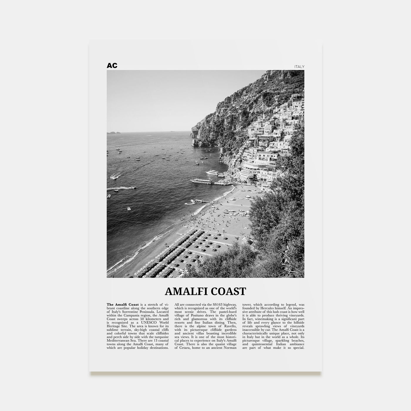 Amalfi Coast Travel B&W Poster