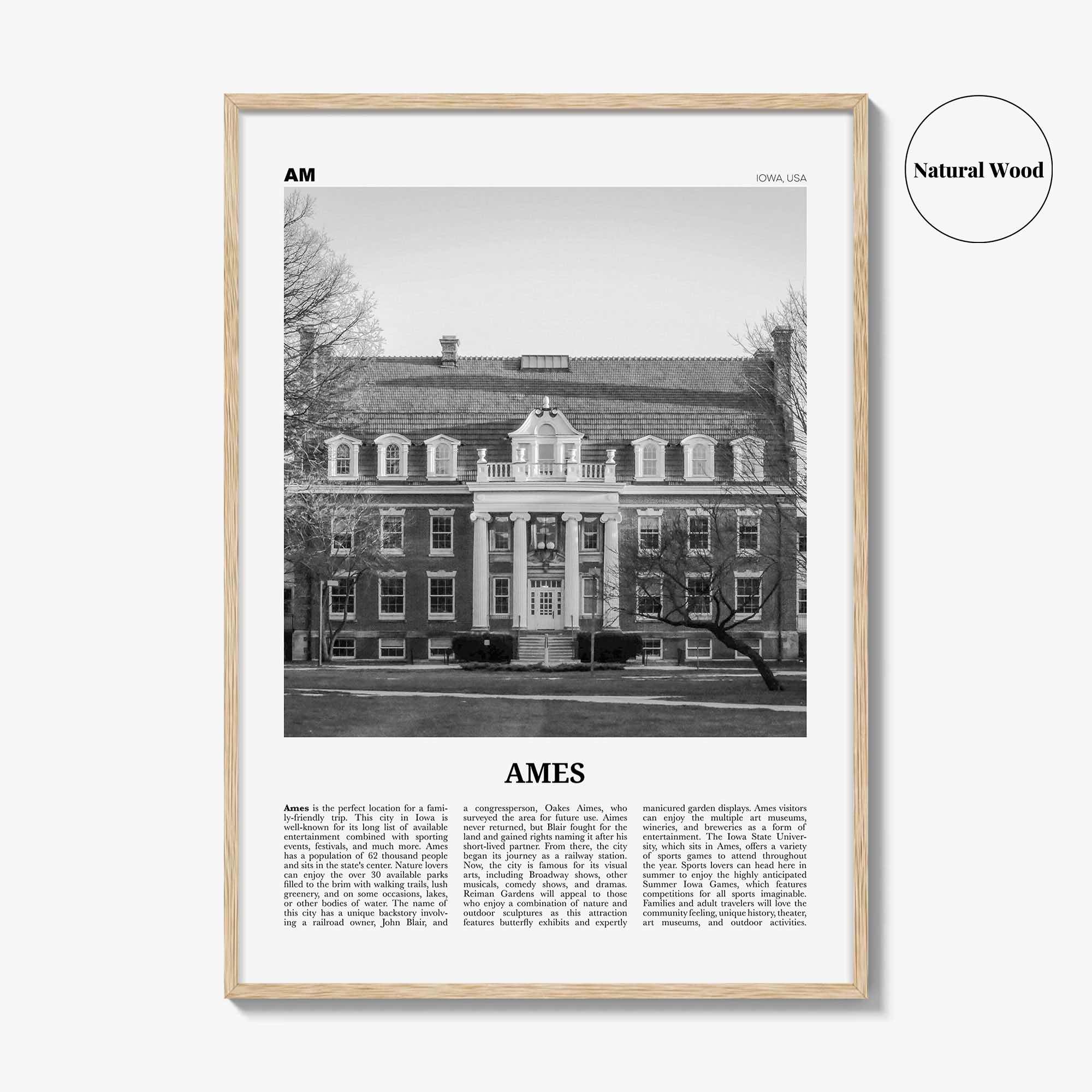 Ames Print Black and White, Ames Wall Art, Ames Poster, Ames Photo, Ames Map, Ames Wall Decor, Iowa, USA, United States