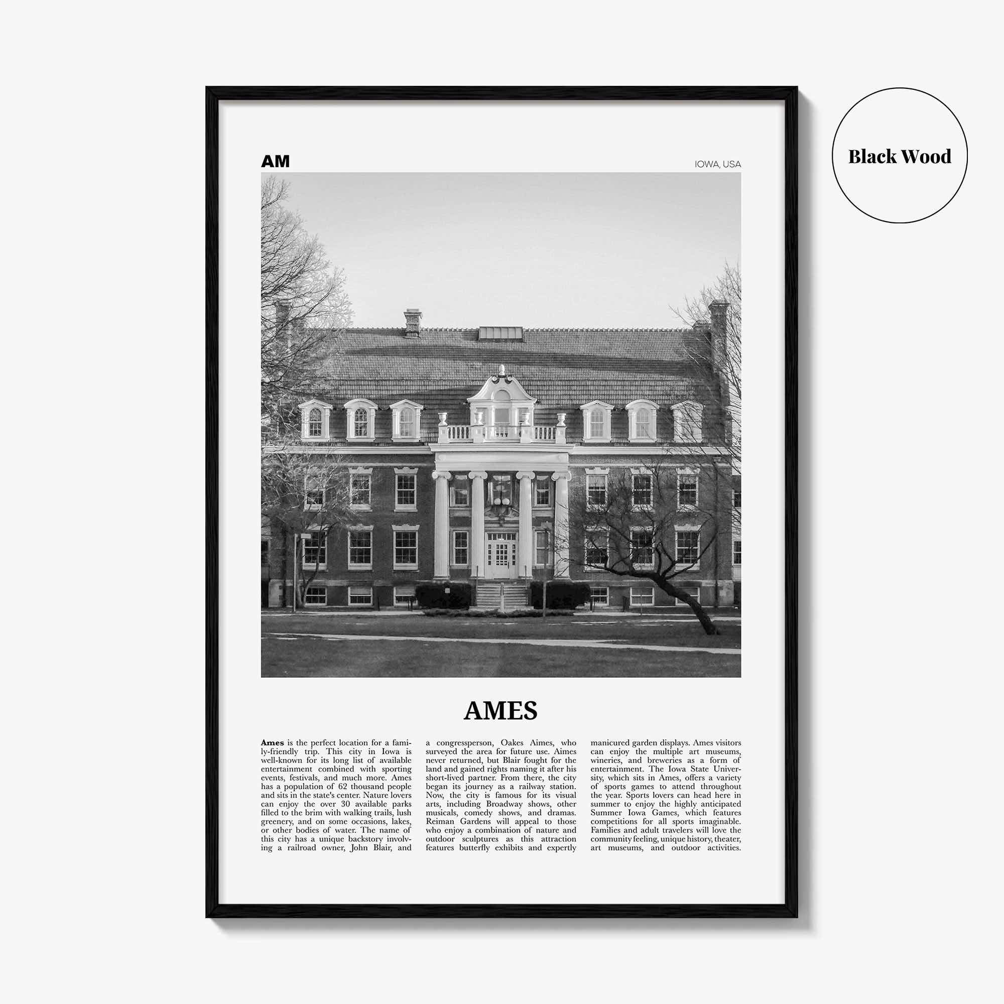 Ames Print Black and White, Ames Wall Art, Ames Poster, Ames Photo, Ames Map, Ames Wall Decor, Iowa, USA, United States