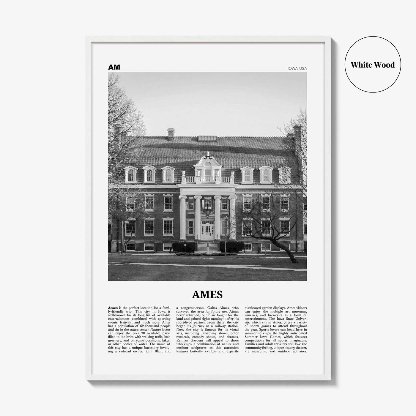 Ames Print Black and White, Ames Wall Art, Ames Poster, Ames Photo, Ames Map, Ames Wall Decor, Iowa, USA, United States