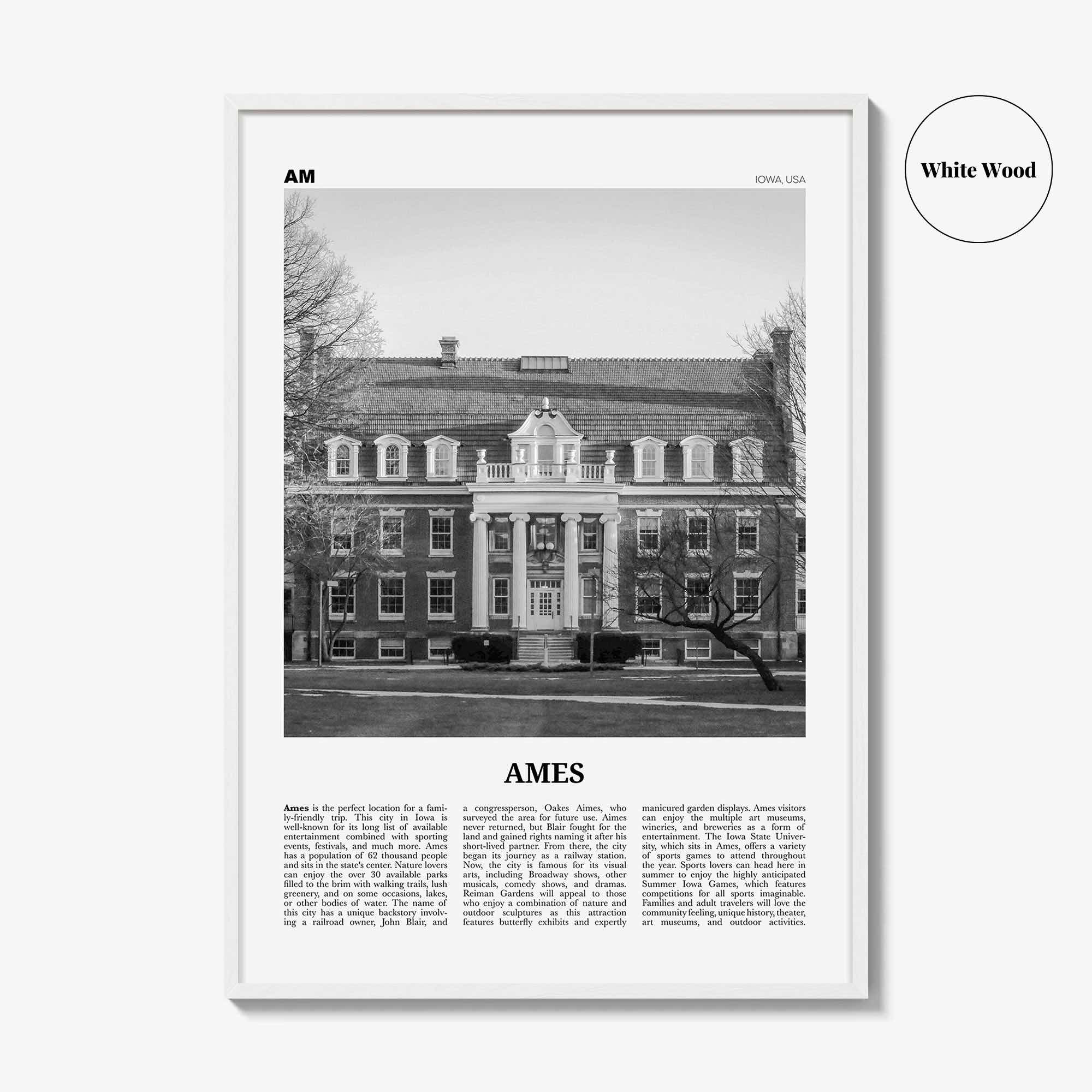 Ames Print Black and White, Ames Wall Art, Ames Poster, Ames Photo, Ames Map, Ames Wall Decor, Iowa, USA, United States