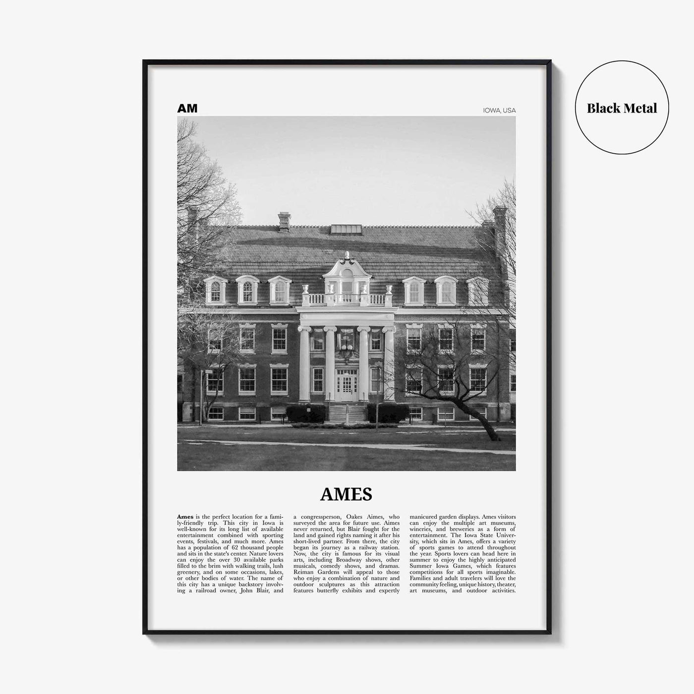 Ames Print Black and White, Ames Wall Art, Ames Poster, Ames Photo, Ames Map, Ames Wall Decor, Iowa, USA, United States
