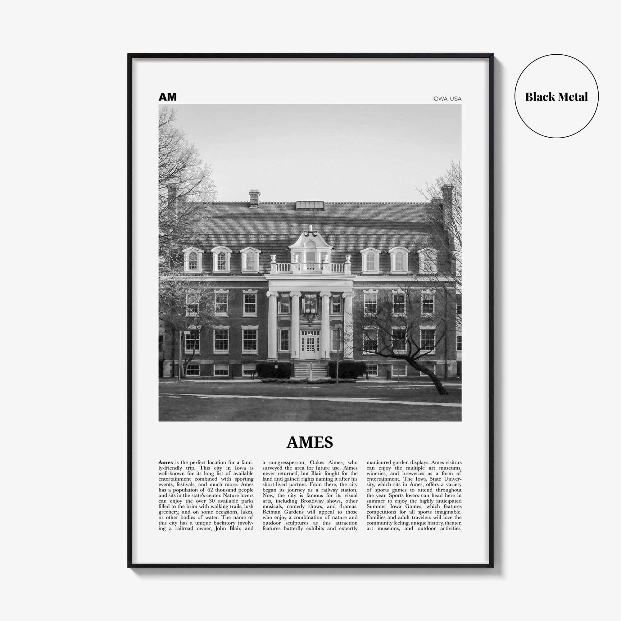 Ames Print Black and White, Ames Wall Art, Ames Poster, Ames Photo, Ames Map, Ames Wall Decor, Iowa, USA, United States