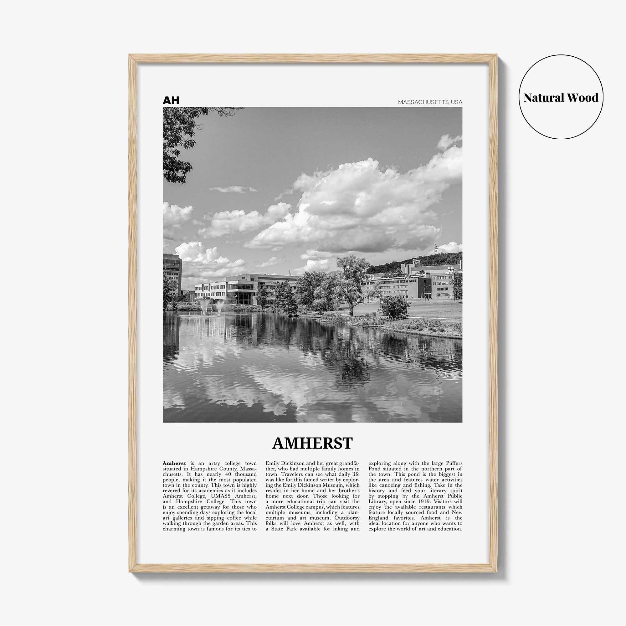 Amherst Print Black and White, Amherst Wall Art, Amherst Poster, Amherst Photo, Amherst Map, Amherst Wall Decor, Massachusetts, USA