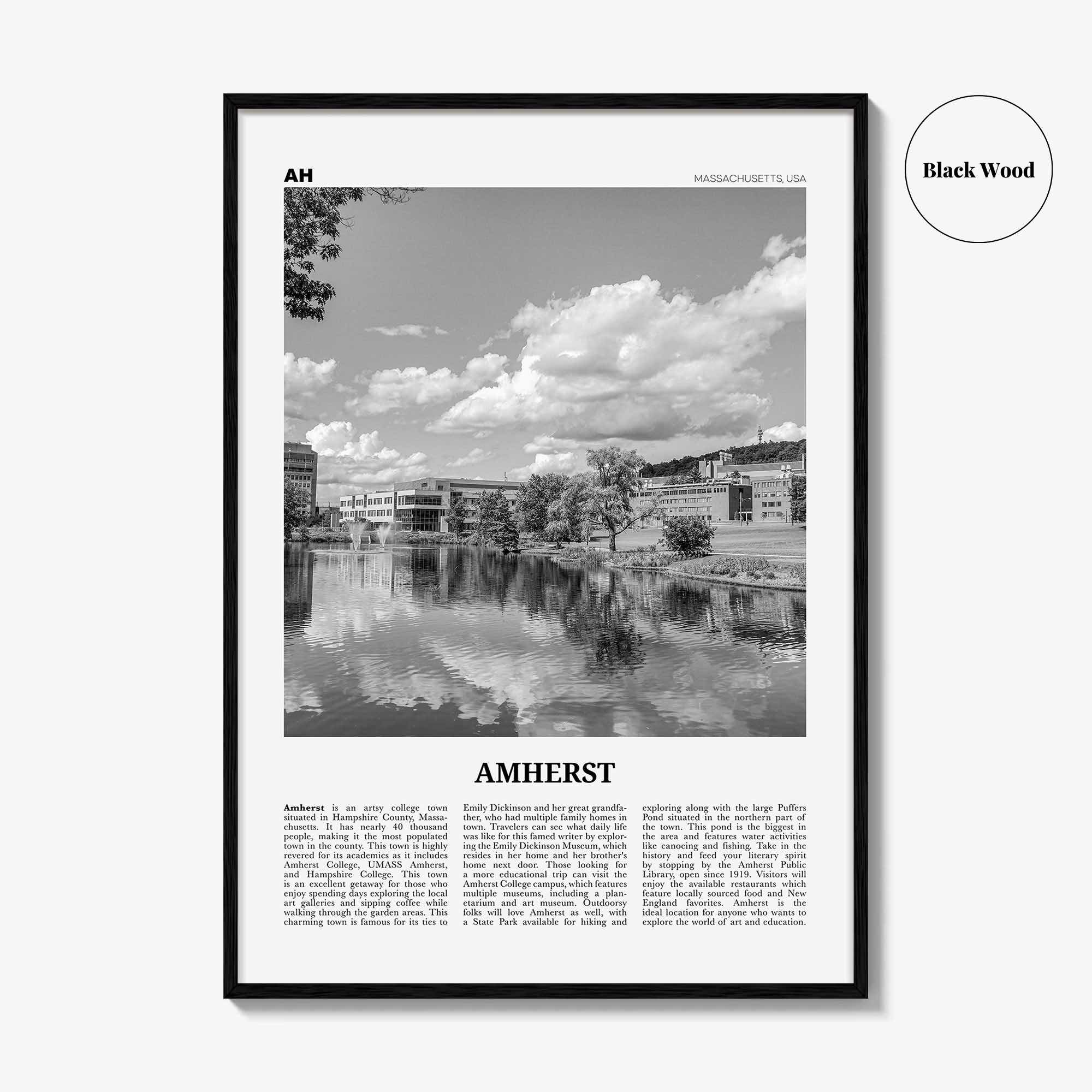 Amherst Print Black and White, Amherst Wall Art, Amherst Poster, Amherst Photo, Amherst Map, Amherst Wall Decor, Massachusetts, USA