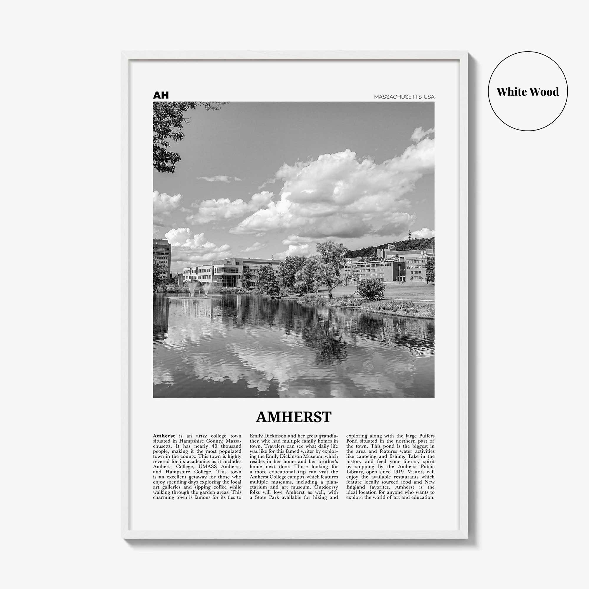 Amherst Print Black and White, Amherst Wall Art, Amherst Poster, Amherst Photo, Amherst Map, Amherst Wall Decor, Massachusetts, USA