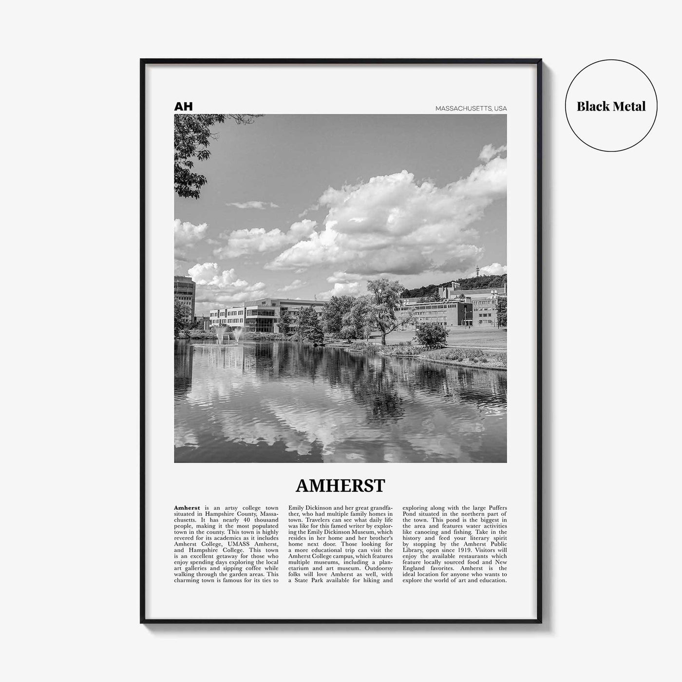 Amherst Print Black and White, Amherst Wall Art, Amherst Poster, Amherst Photo, Amherst Map, Amherst Wall Decor, Massachusetts, USA
