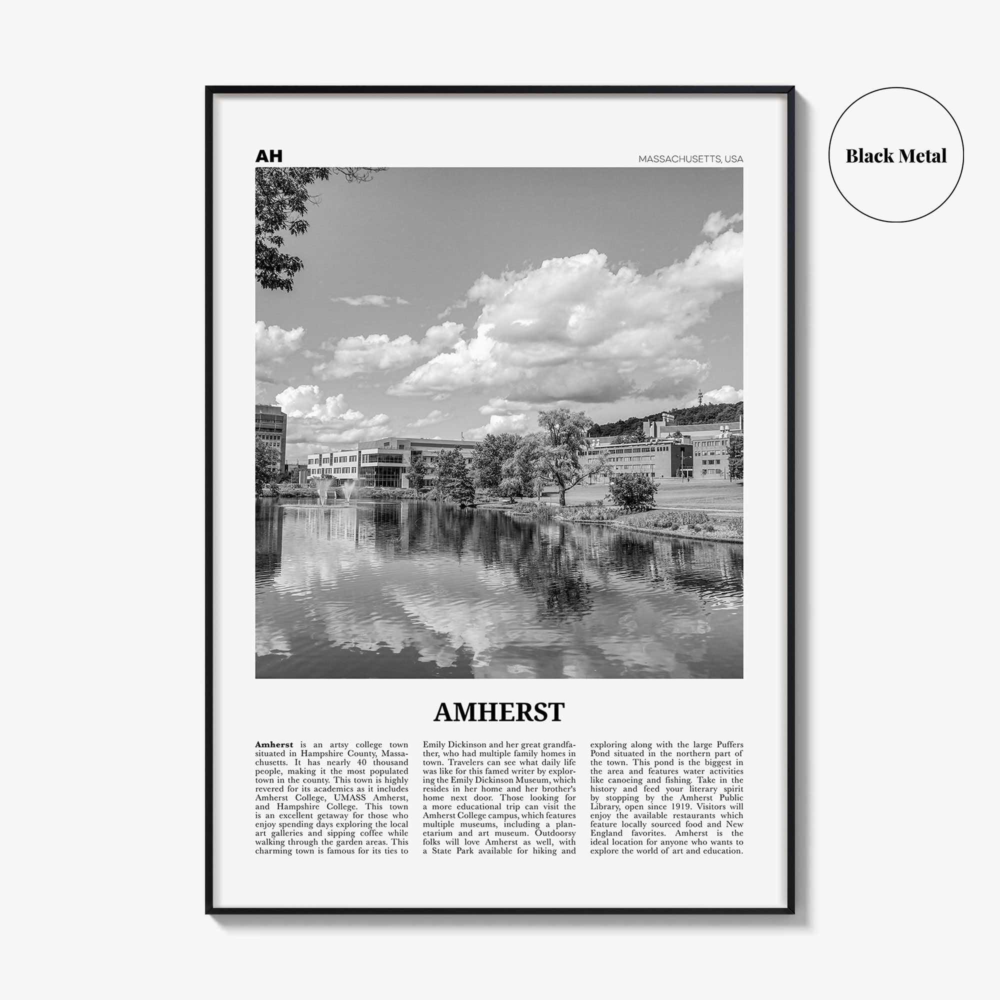 Amherst Print Black and White, Amherst Wall Art, Amherst Poster, Amherst Photo, Amherst Map, Amherst Wall Decor, Massachusetts, USA